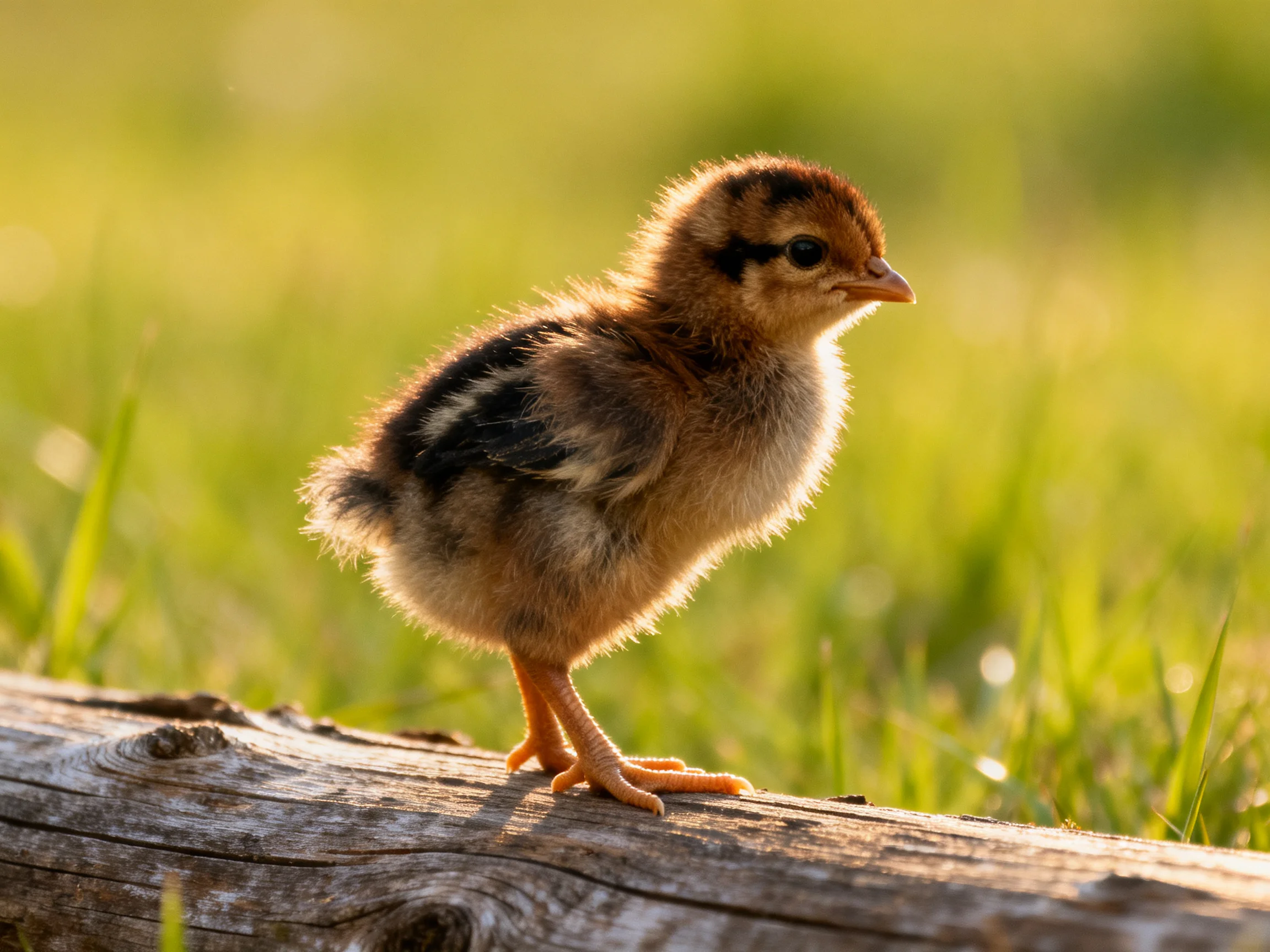 A fluffy brown chick stands on a weathered wooden log in a sunlit meadow
