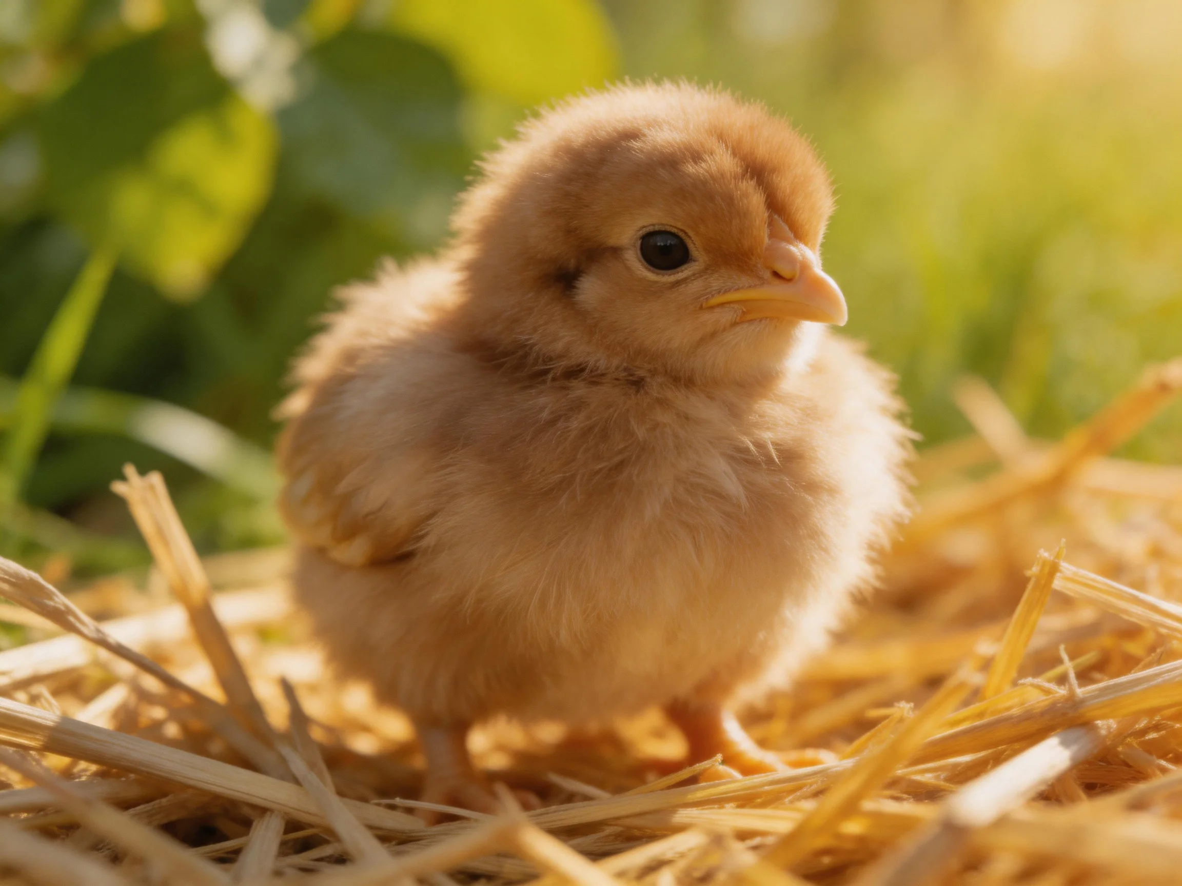 A fluffy brown chick stands on straw amid green foliage