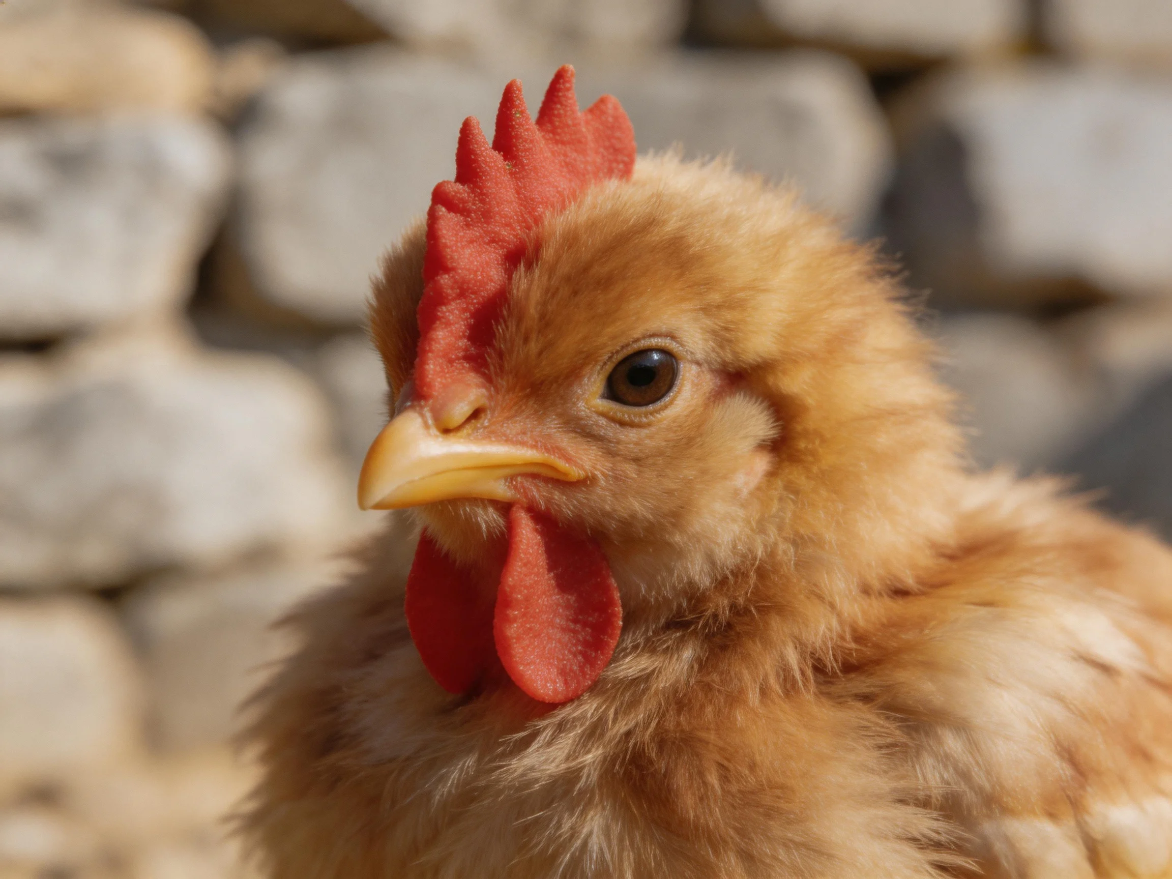A fluffy brown chick with vibrant red comb by stone wall