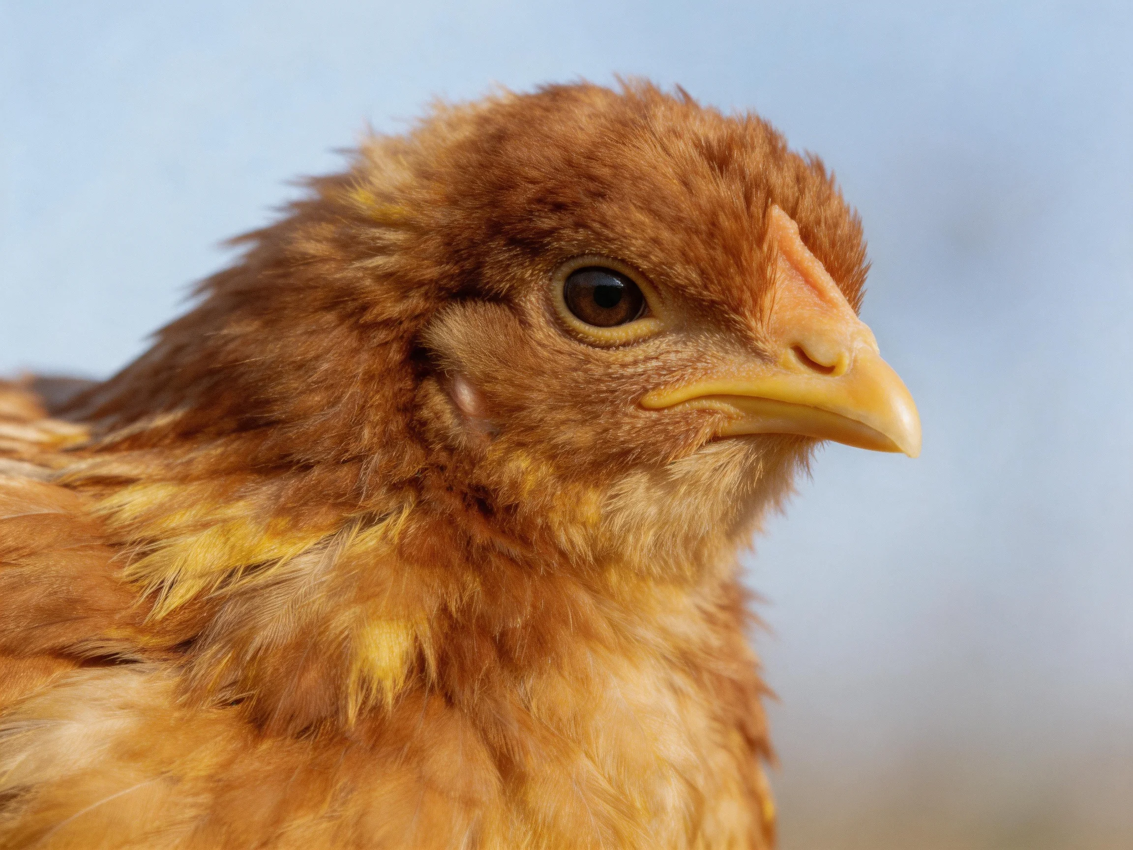 A fluffy brown chick with yellow feather patches