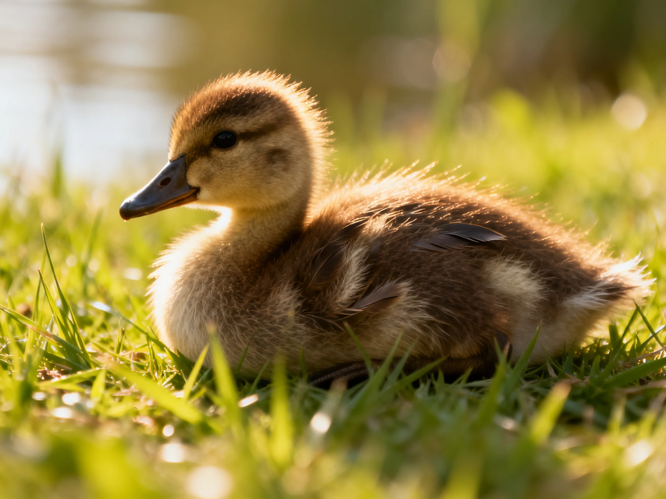 A fluffy brown duckling restson lush green grass near water