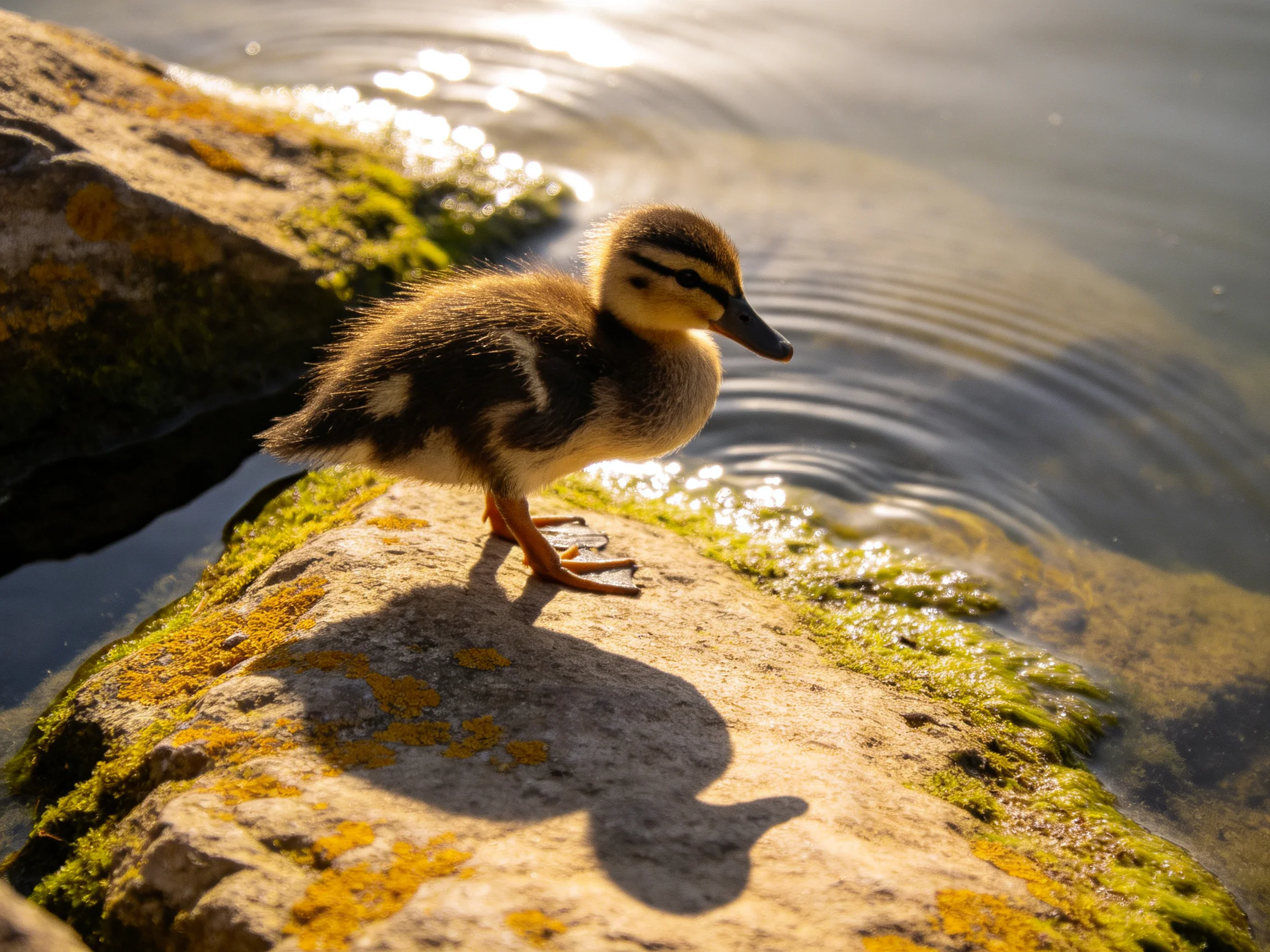 A fluffy brown duckling stands on a mossy rock by rippling water