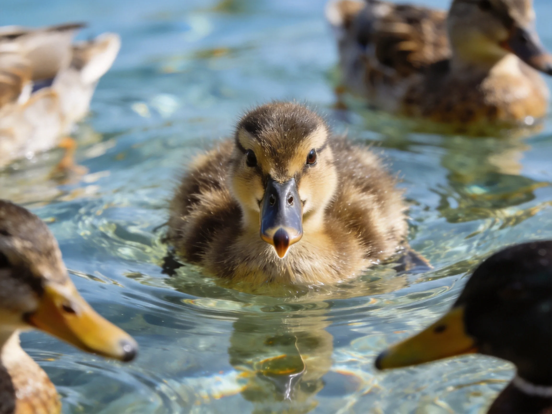 A fluffy brown duckling swims among adult ducks in clear water