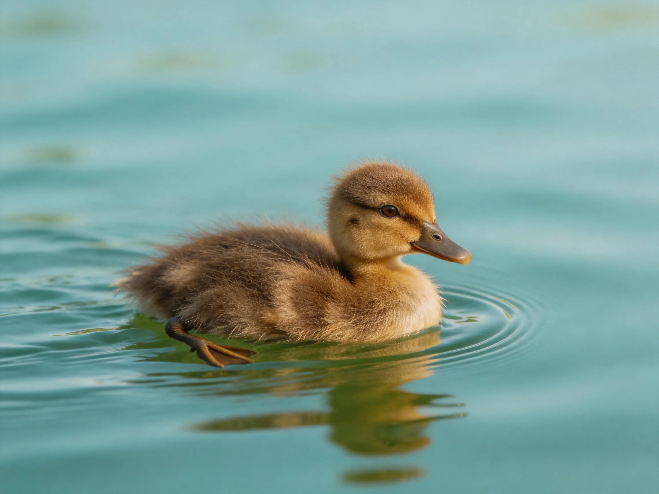 A fluffy brown duckling swims in calm turquoise water