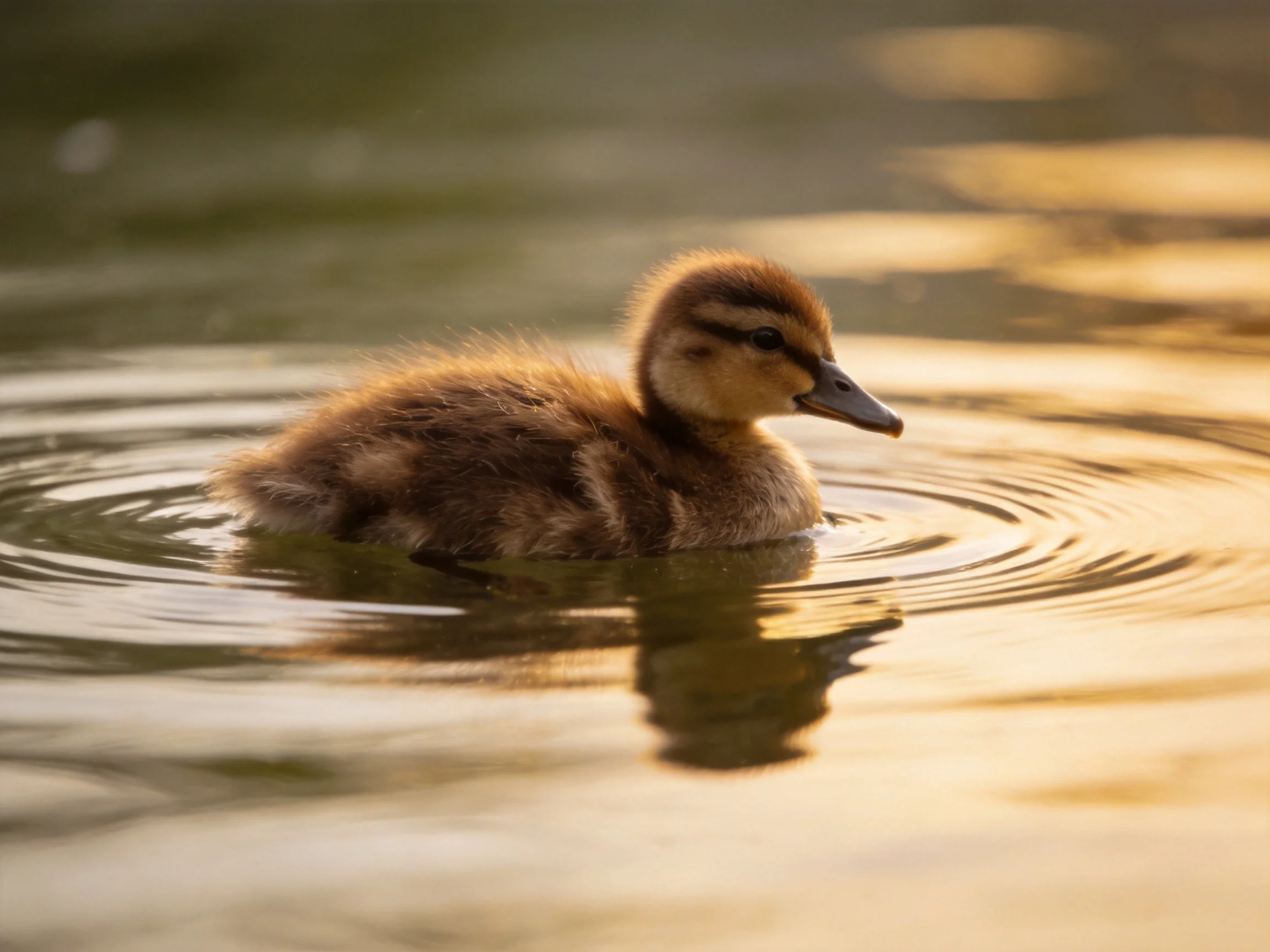 A fluffy brown duckling swims in sunlit rippled water