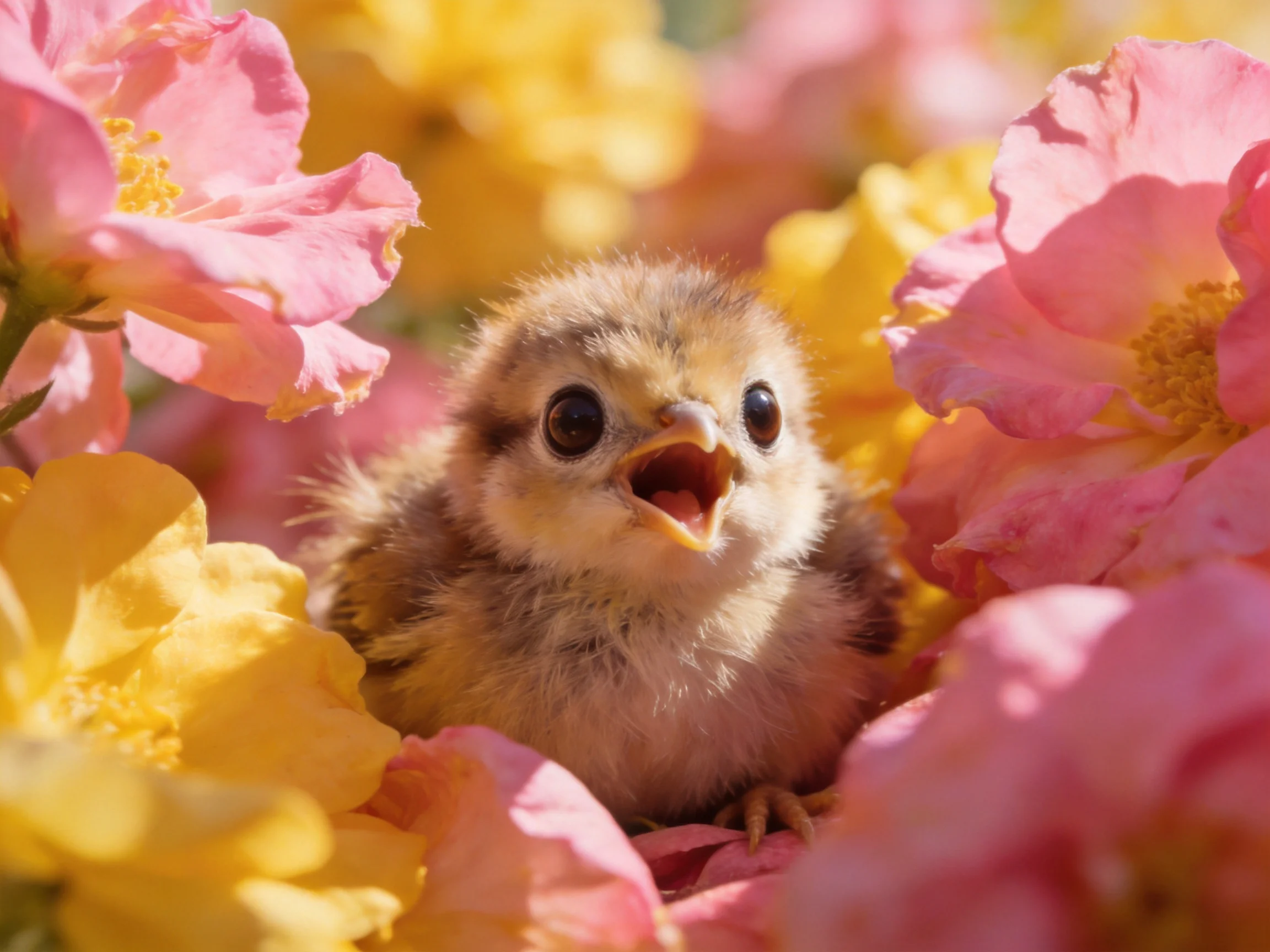 A fluffy chick nestled among pink and yellow flower petals