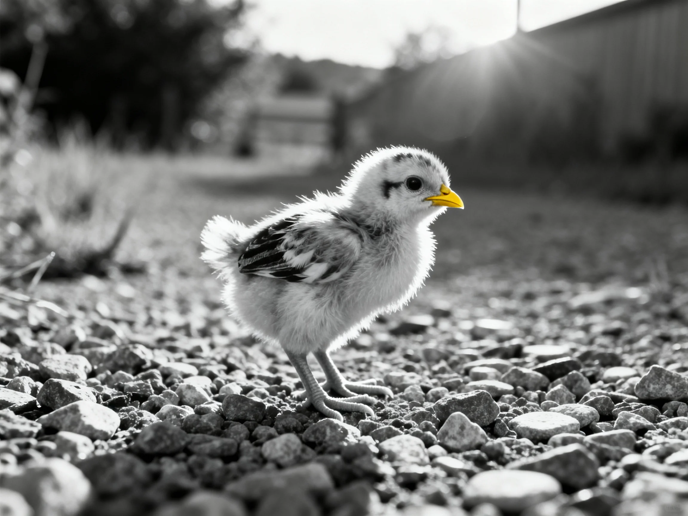 A fluffy chick with bright yellow beak stands on a gravel path