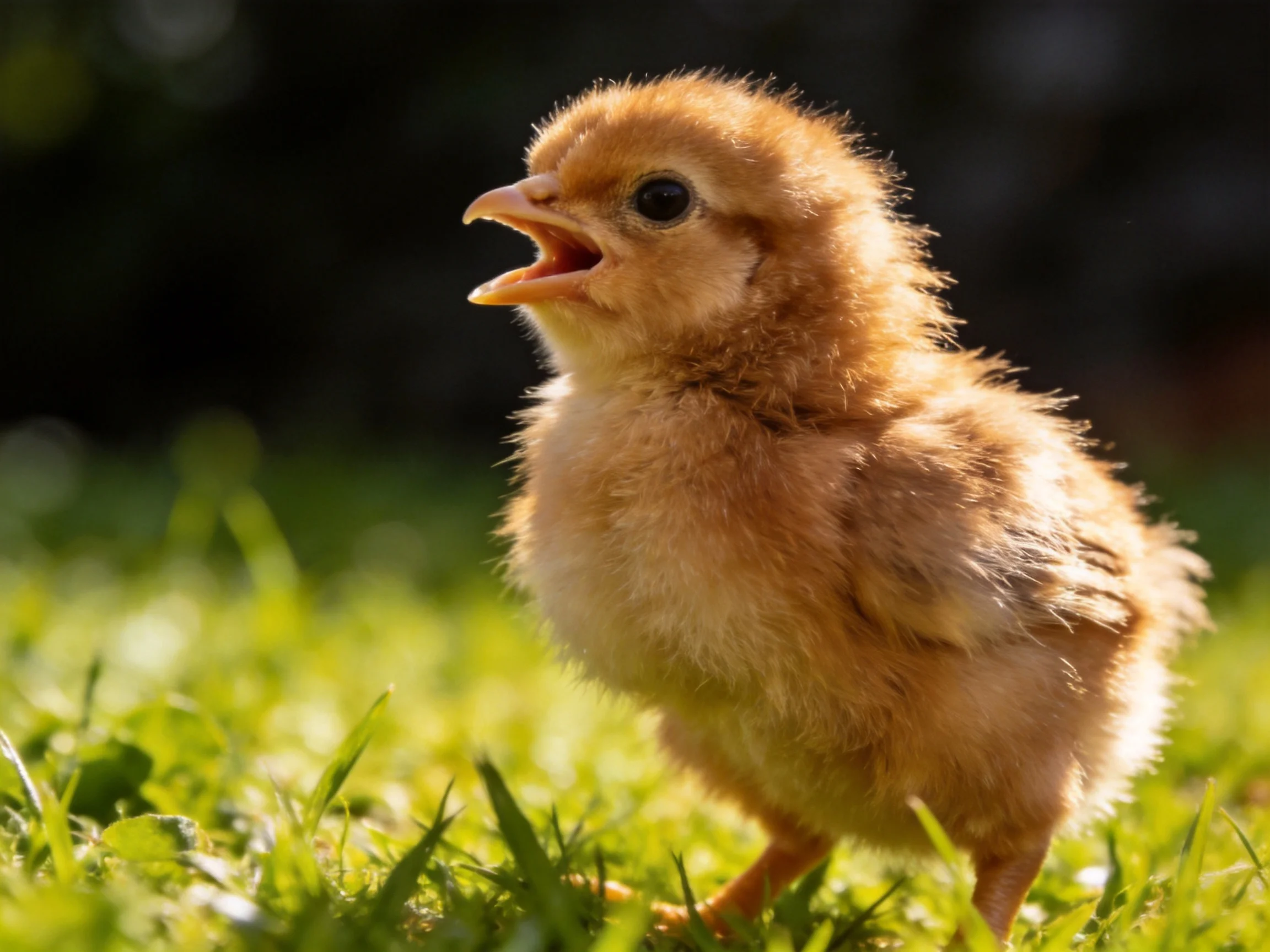 A fluffy golden chick stands on bright green grass with open beak
