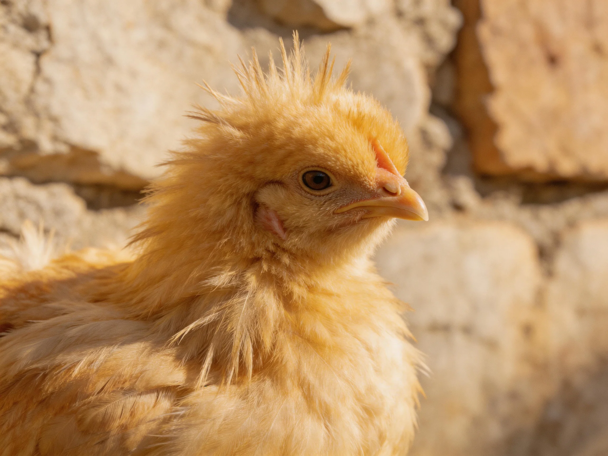 A fluffy golden chick with soft downy feathers near a stone wall