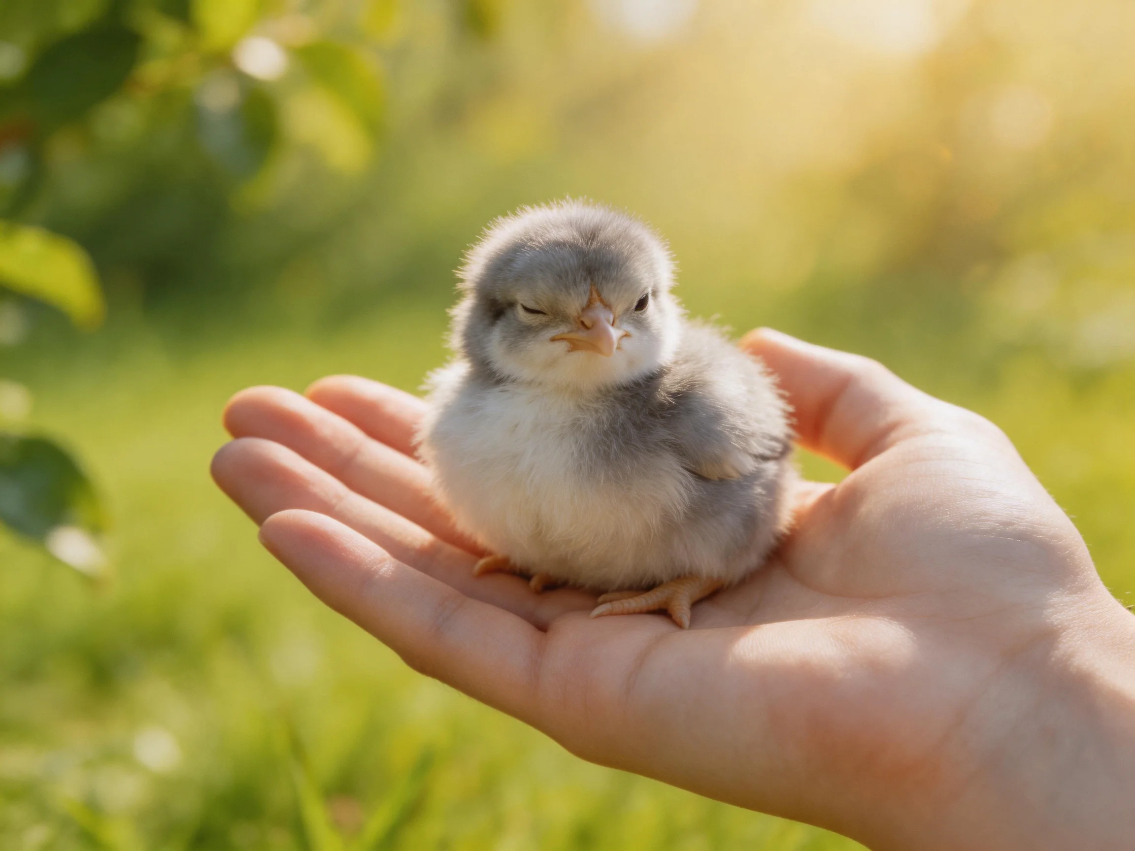 A fluffy gray and white chick rests in a person’s open palm amid greenery