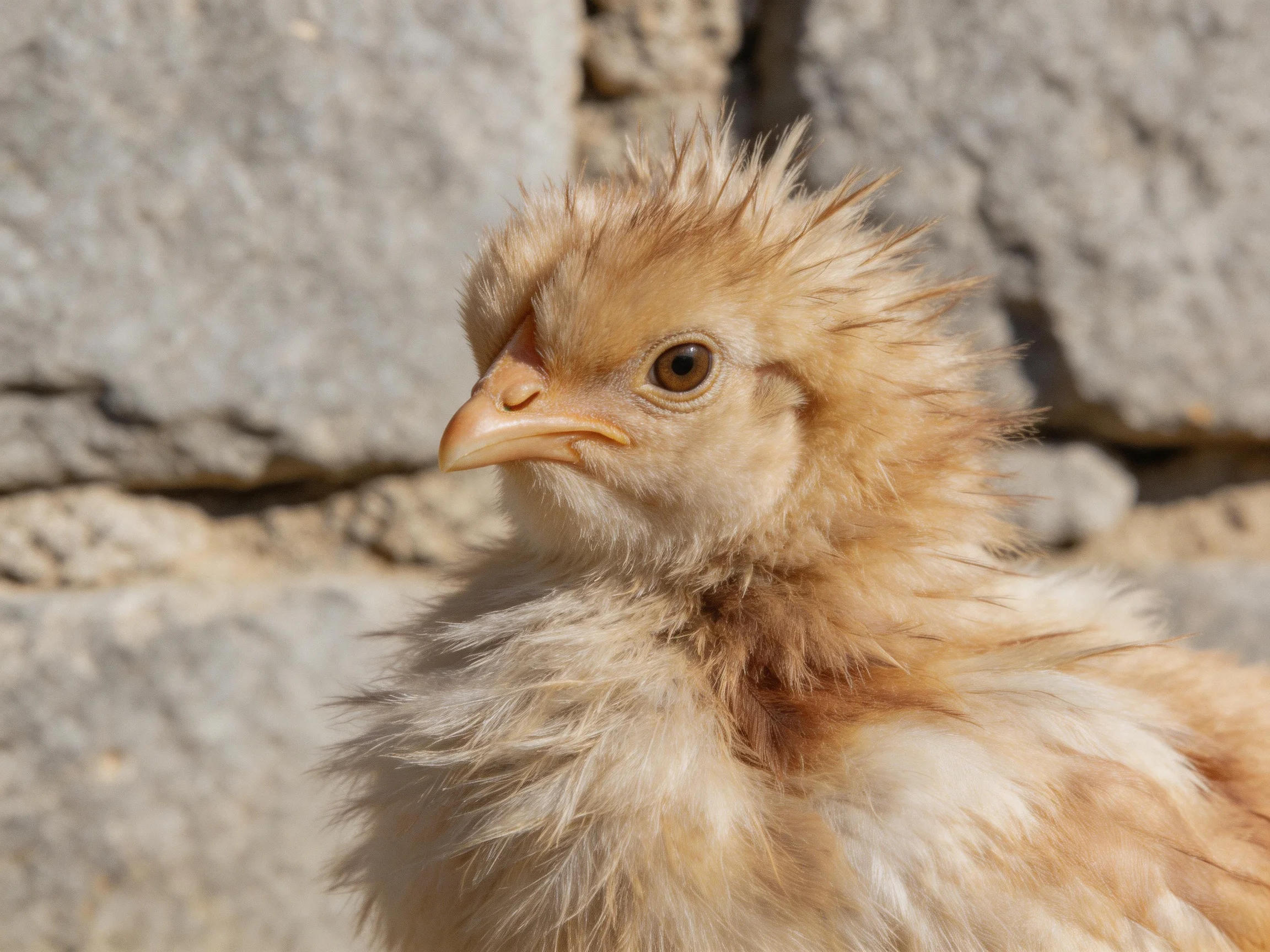 A fluffy light-brown chick near textured gray stone blocks