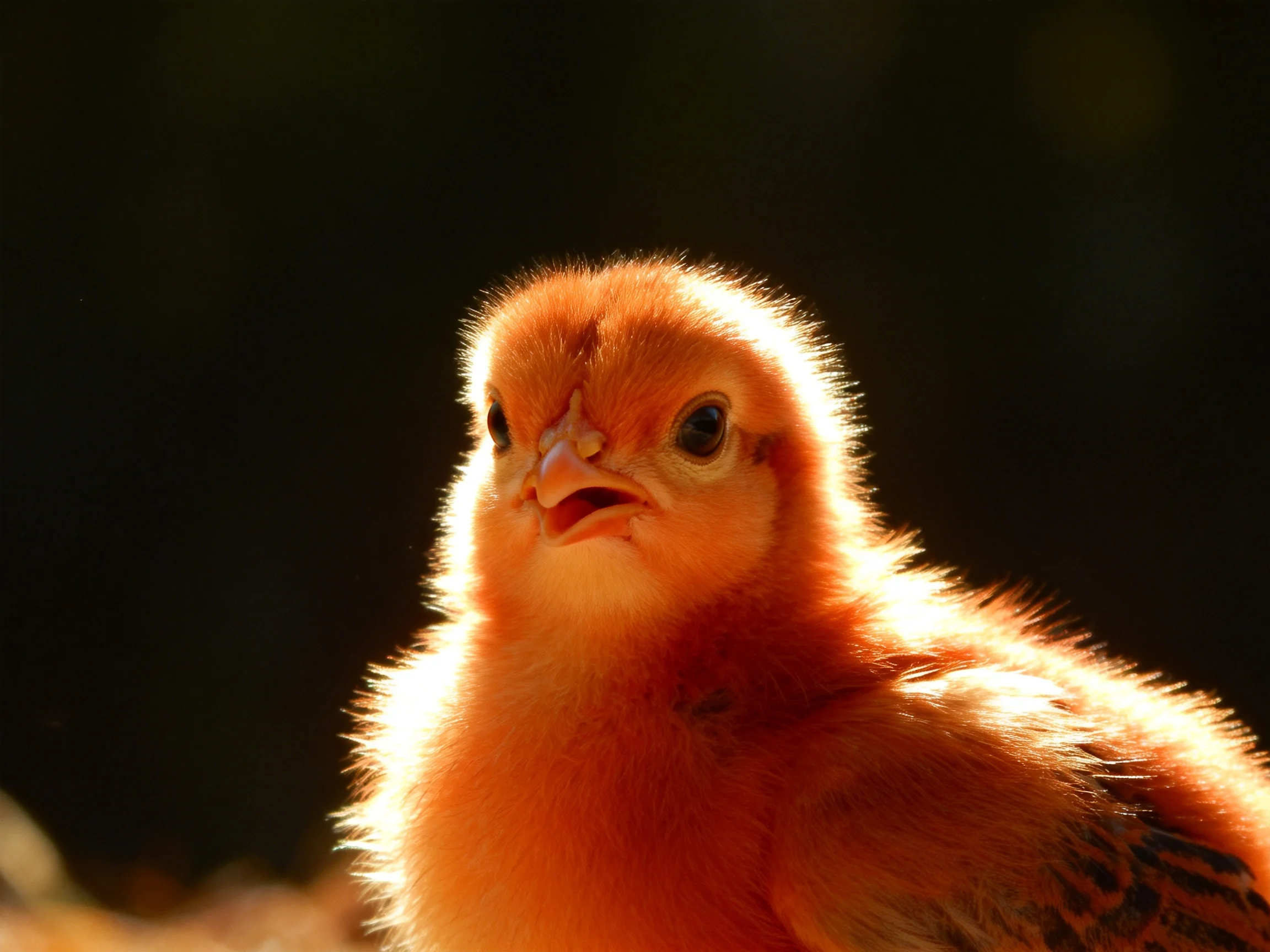 A fluffy orange chick with backlit feather details