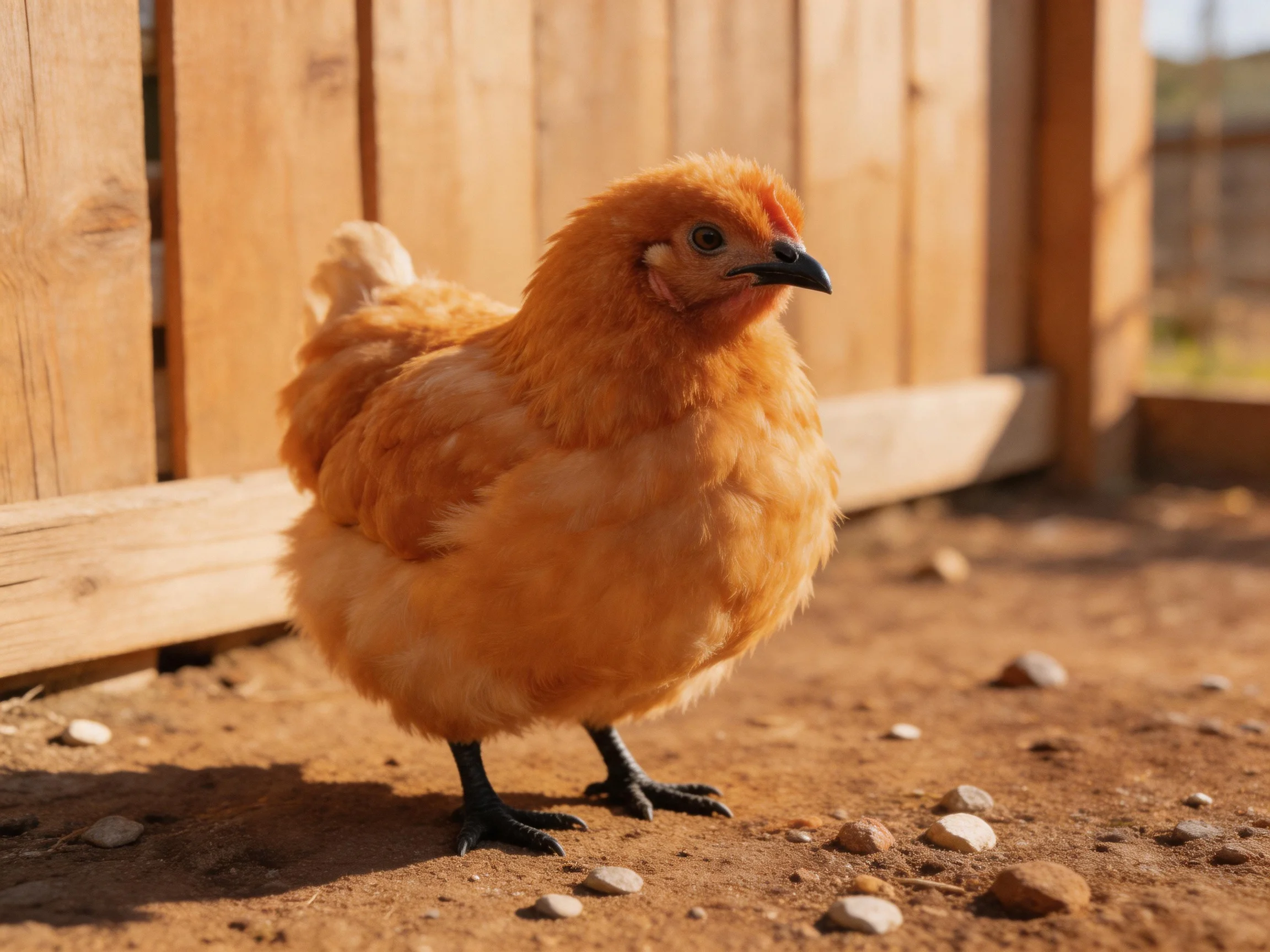 A fluffy orange chicken stands near a wooden fence on a sunlit dirt path.