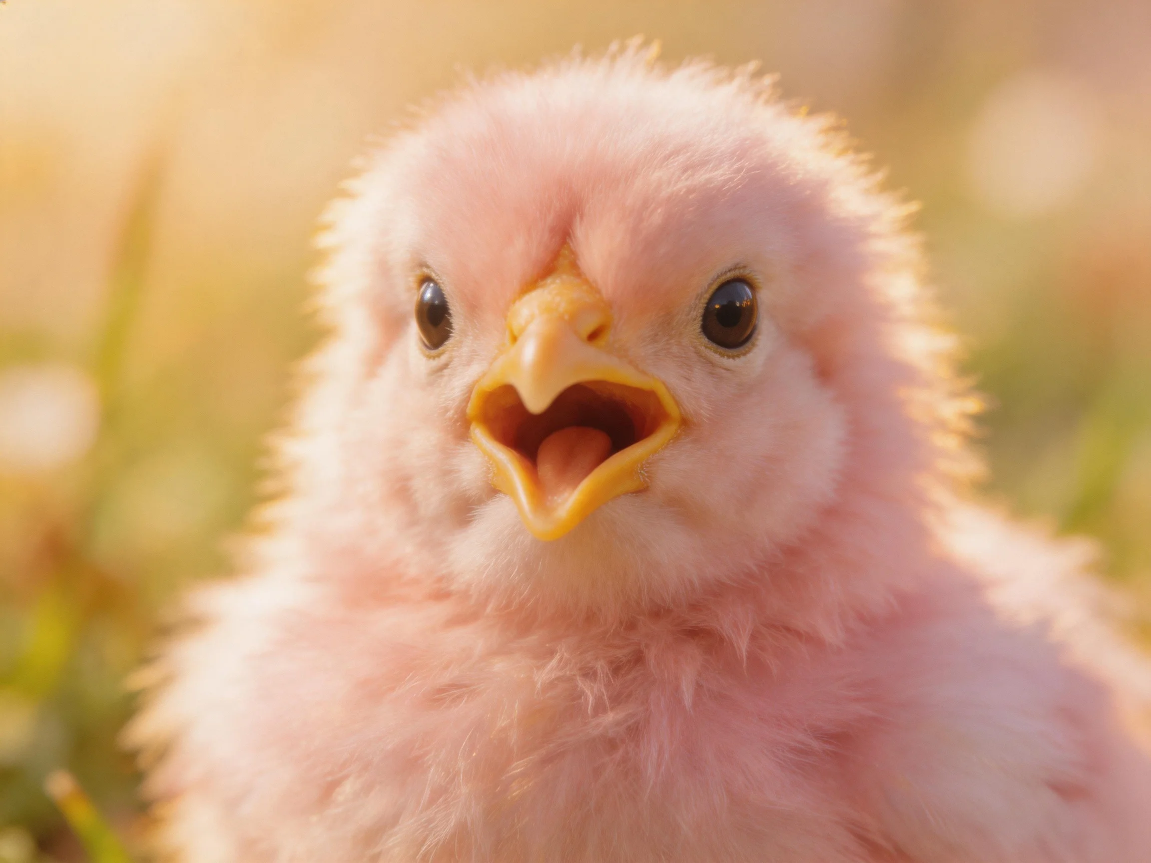 A fluffy pink baby chick with bright yellow beak outdoors