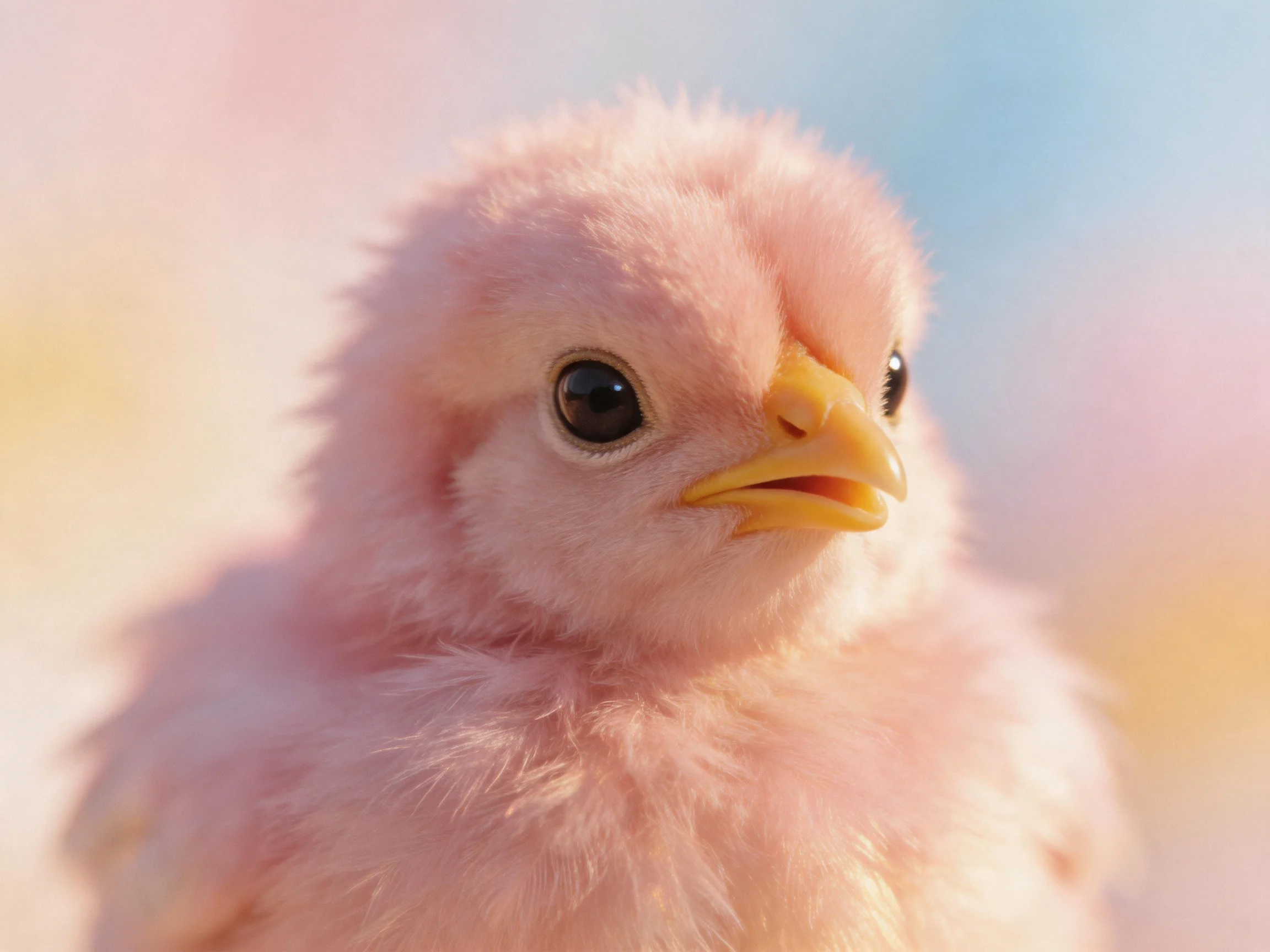 A fluffy pink chick with yellow beak on soft pastel background