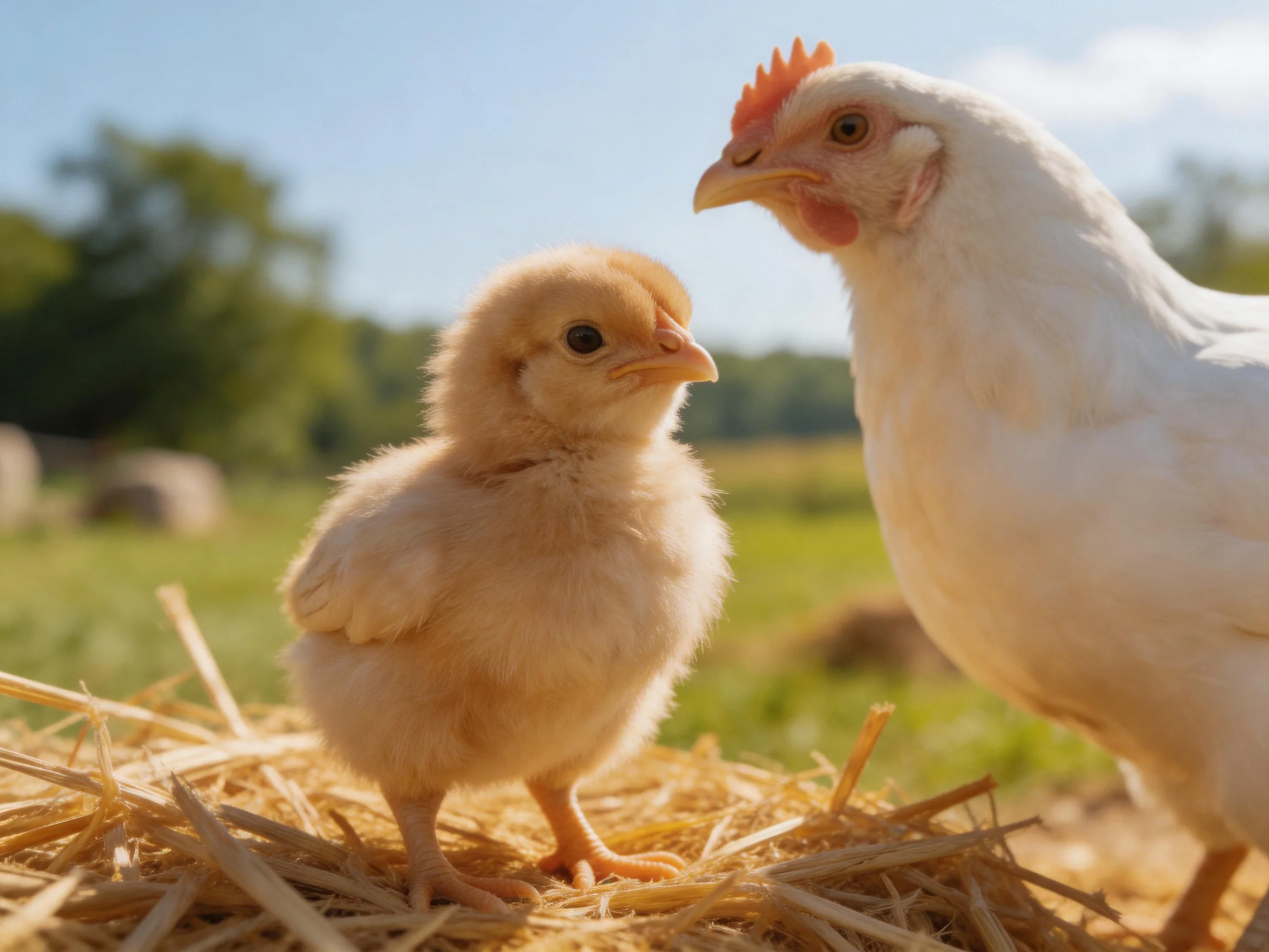 A fluffy tan chick and white hen stand on golden straw in a sunny field