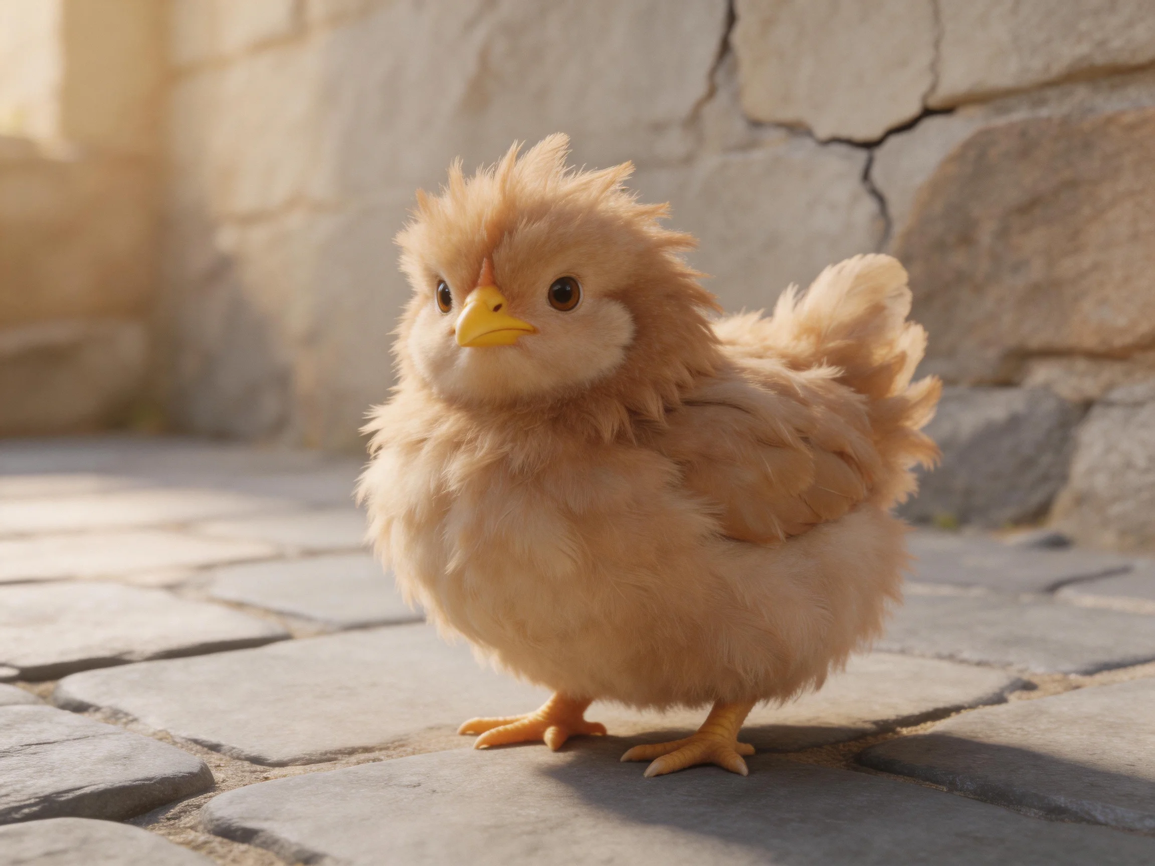 A fluffy tan chick stands on cobblestone beside an aged stone wall