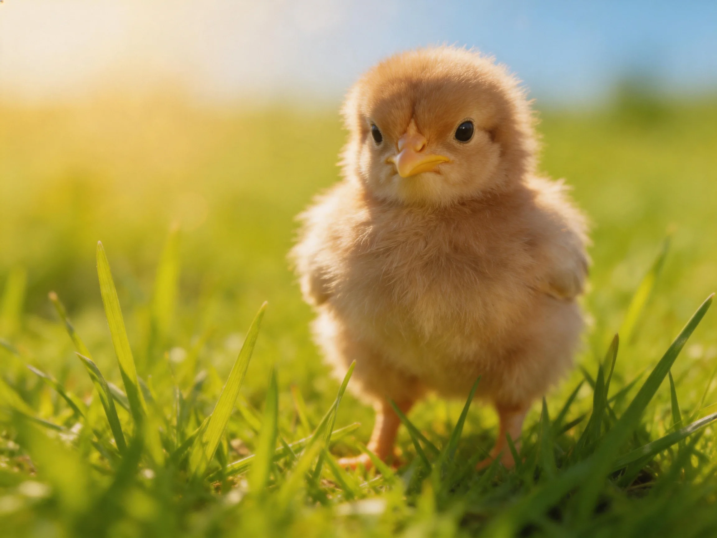 A fluffy tan chick stands on lush green grass under bright sunlight