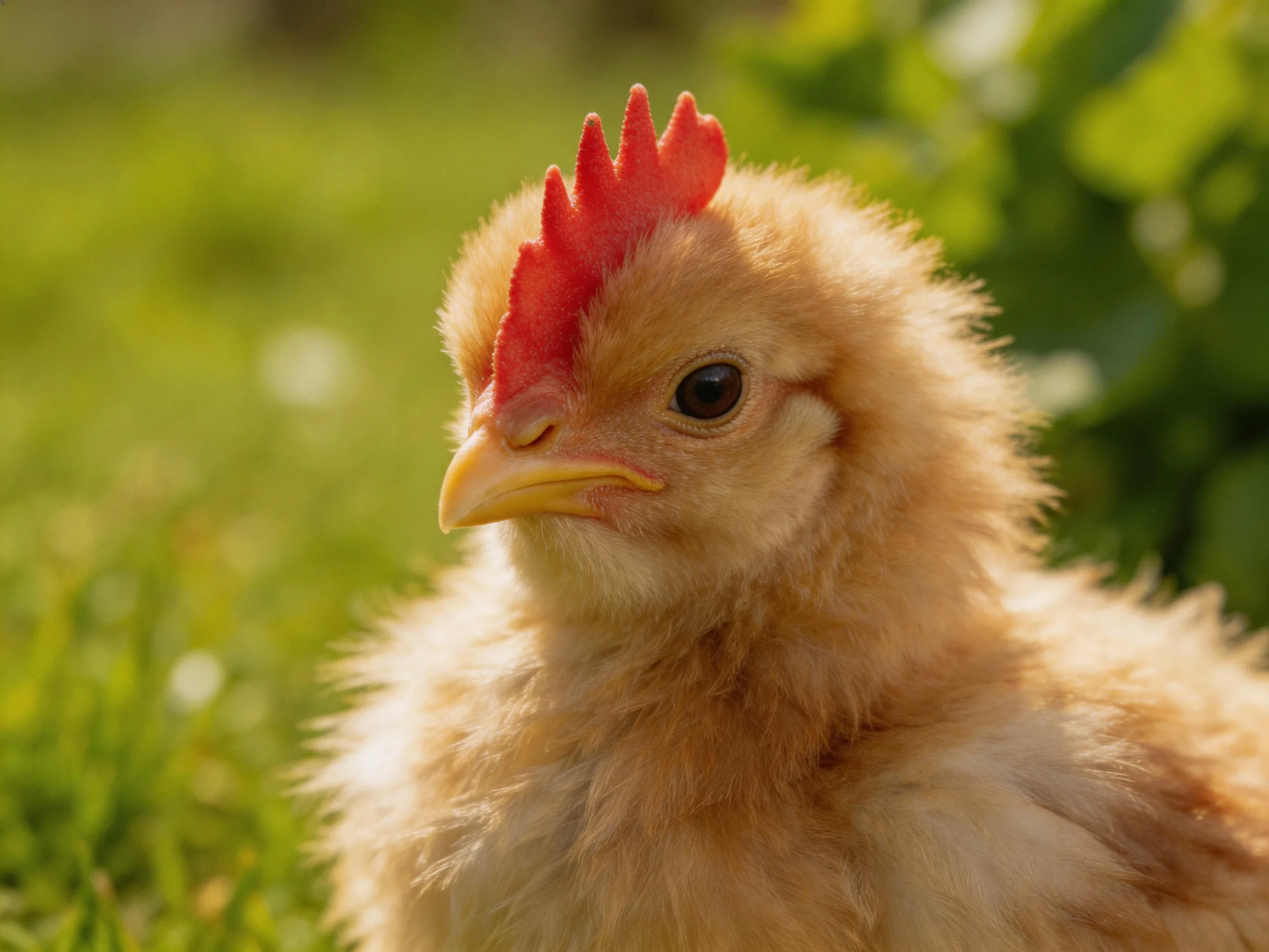 A fluffy tan chick with bright red comb on green grass
