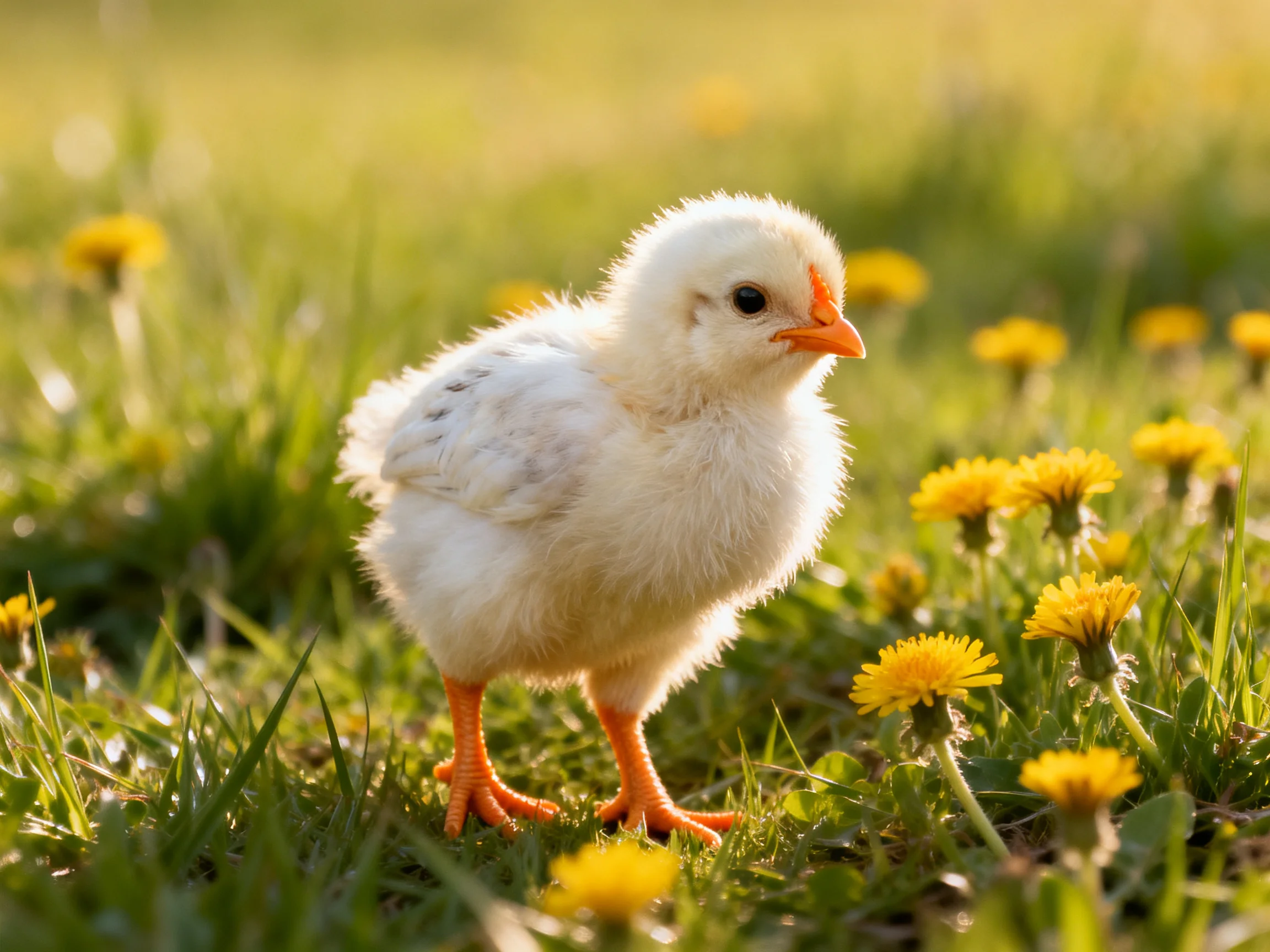 A fluffy white chick amid yellow dandelions in a sunlit meadow