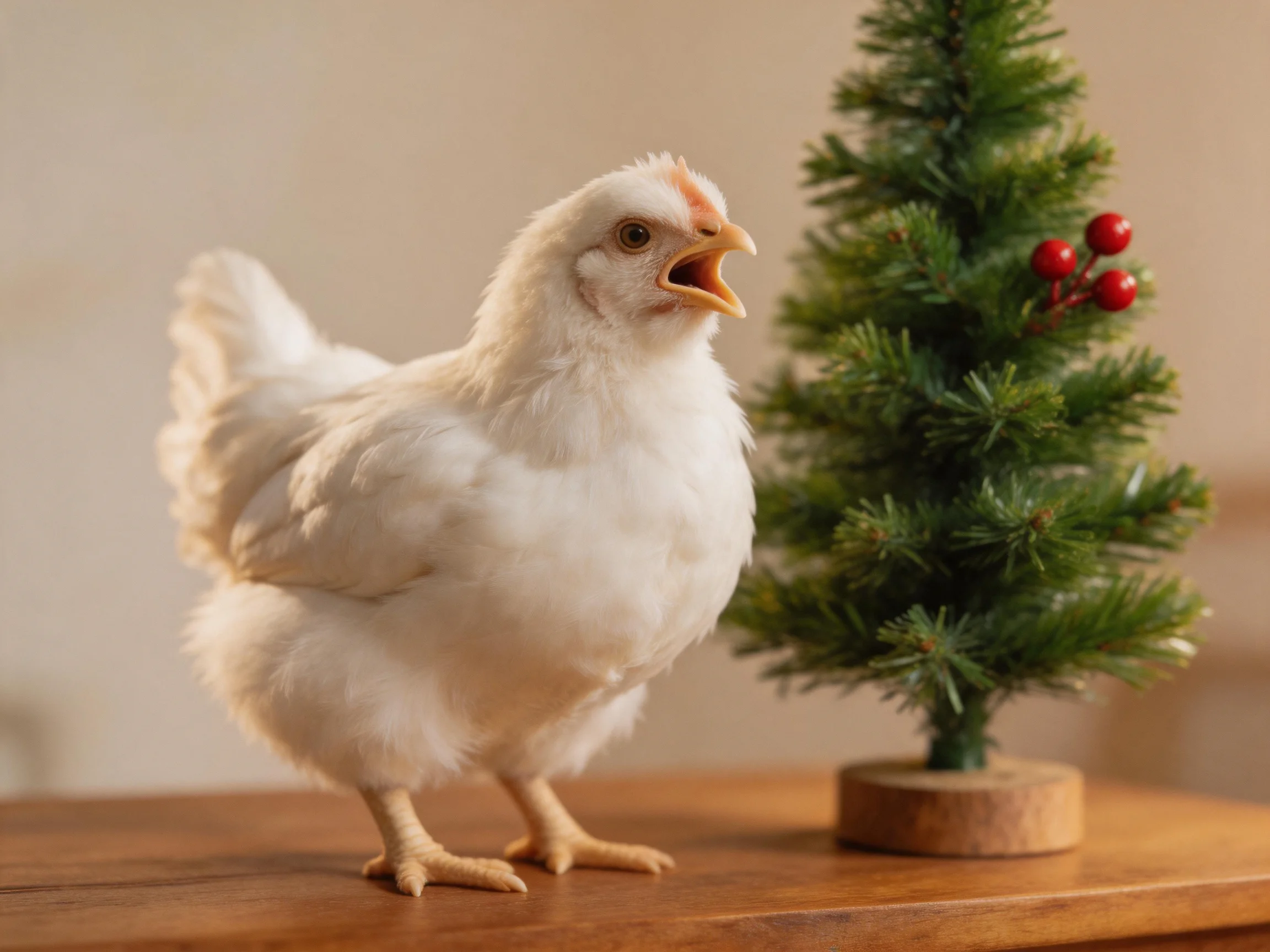 A fluffy white chick beside a small decorated Christmas tree