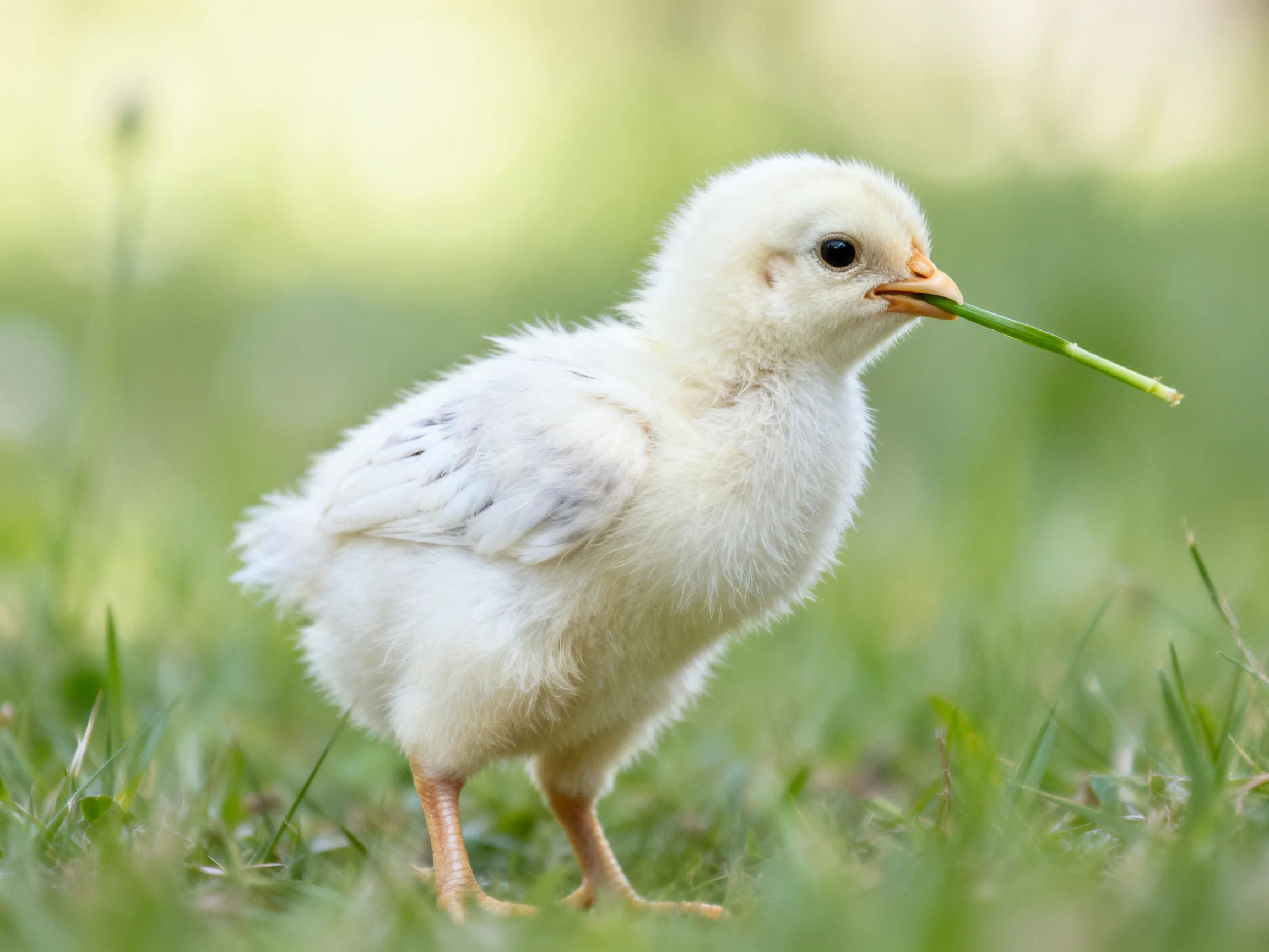 A fluffy white chick carries a green blade of grass in a grassy field