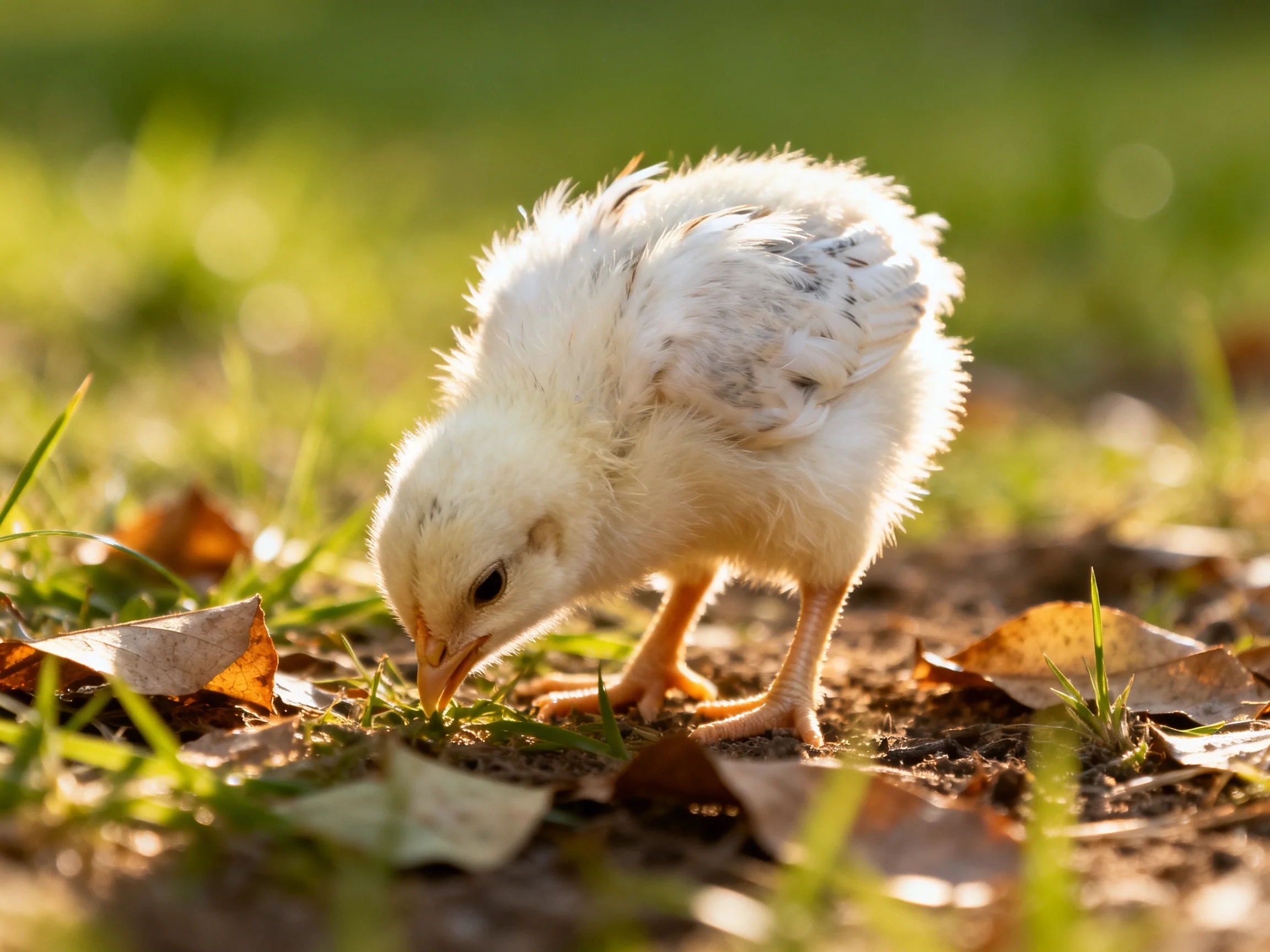 A fluffy white chick foraging near green grass and brown fallen leaves