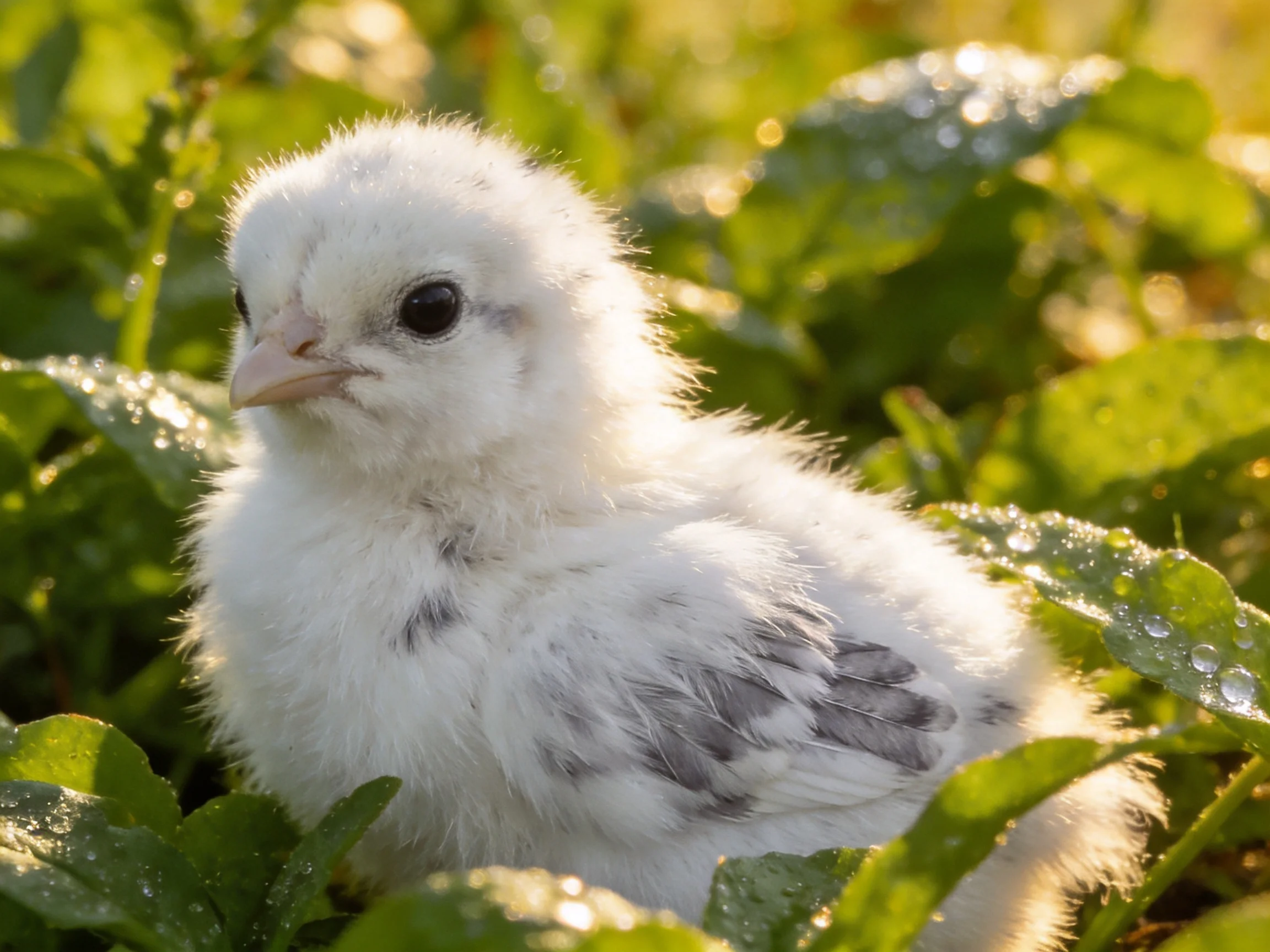 A fluffy white chick nestled among dewy green foliage