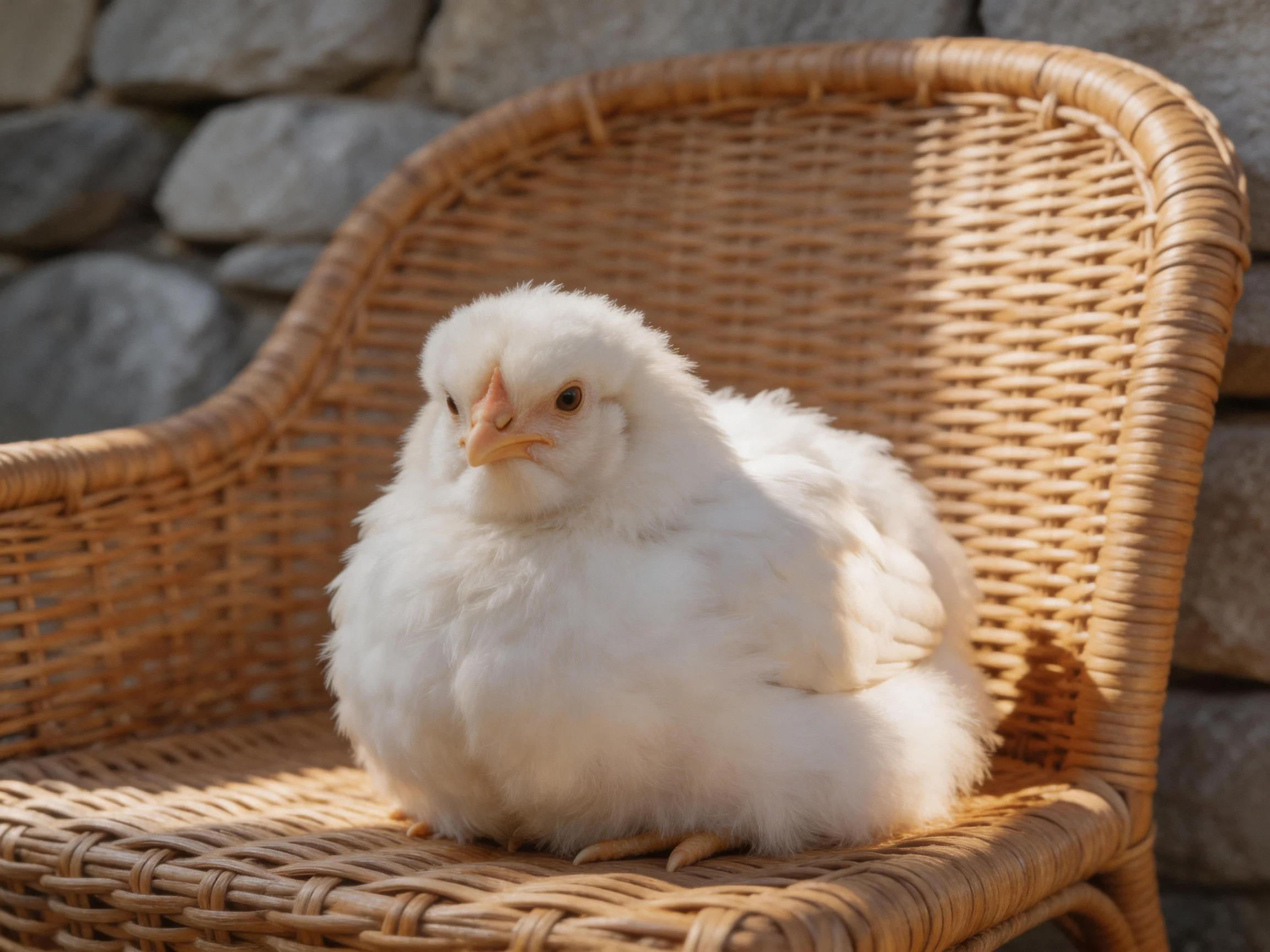 A fluffy white chick sitting on a wicker chair next to a stone wall