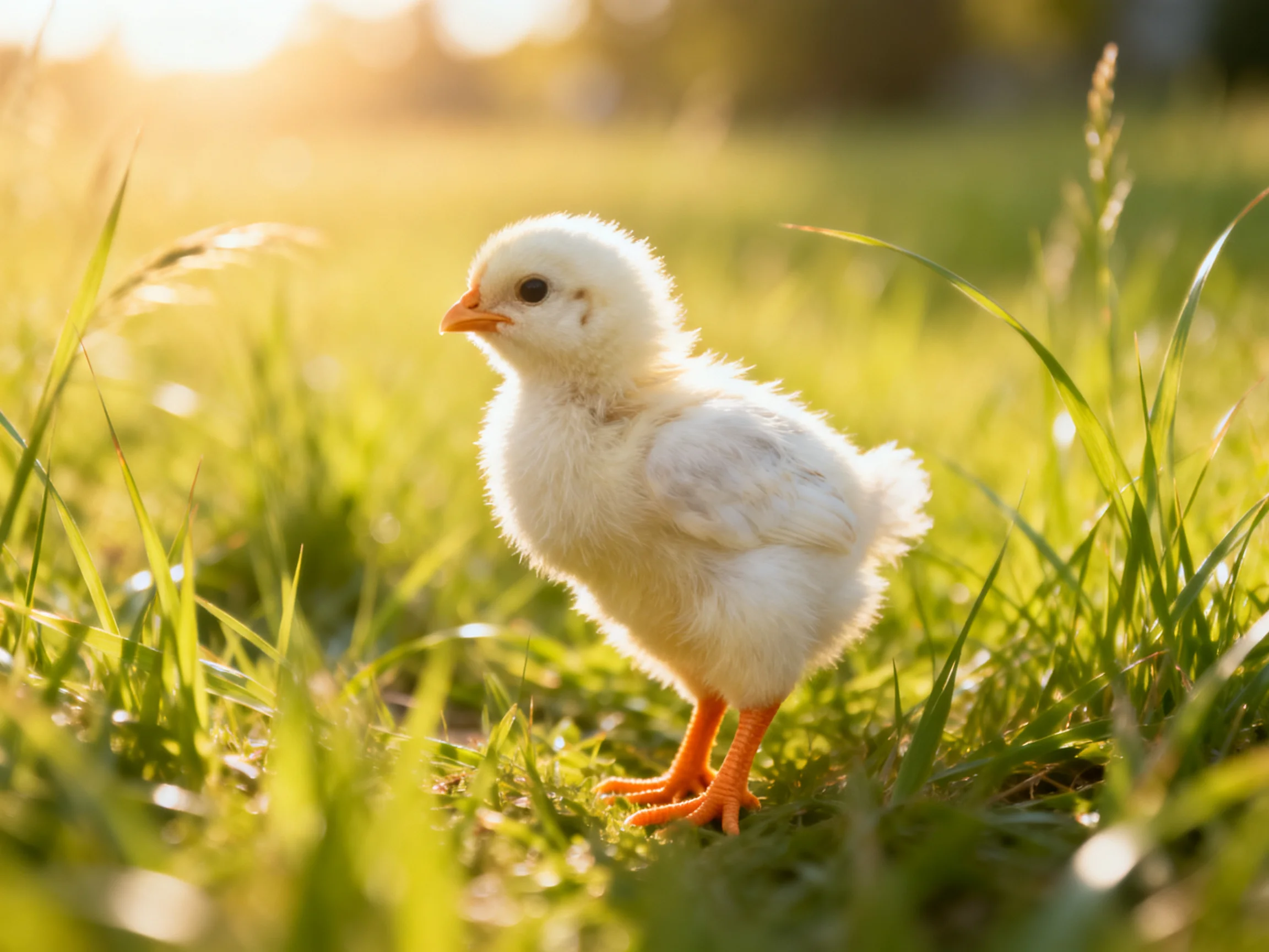 A fluffy white chick stands in sunlit green grass