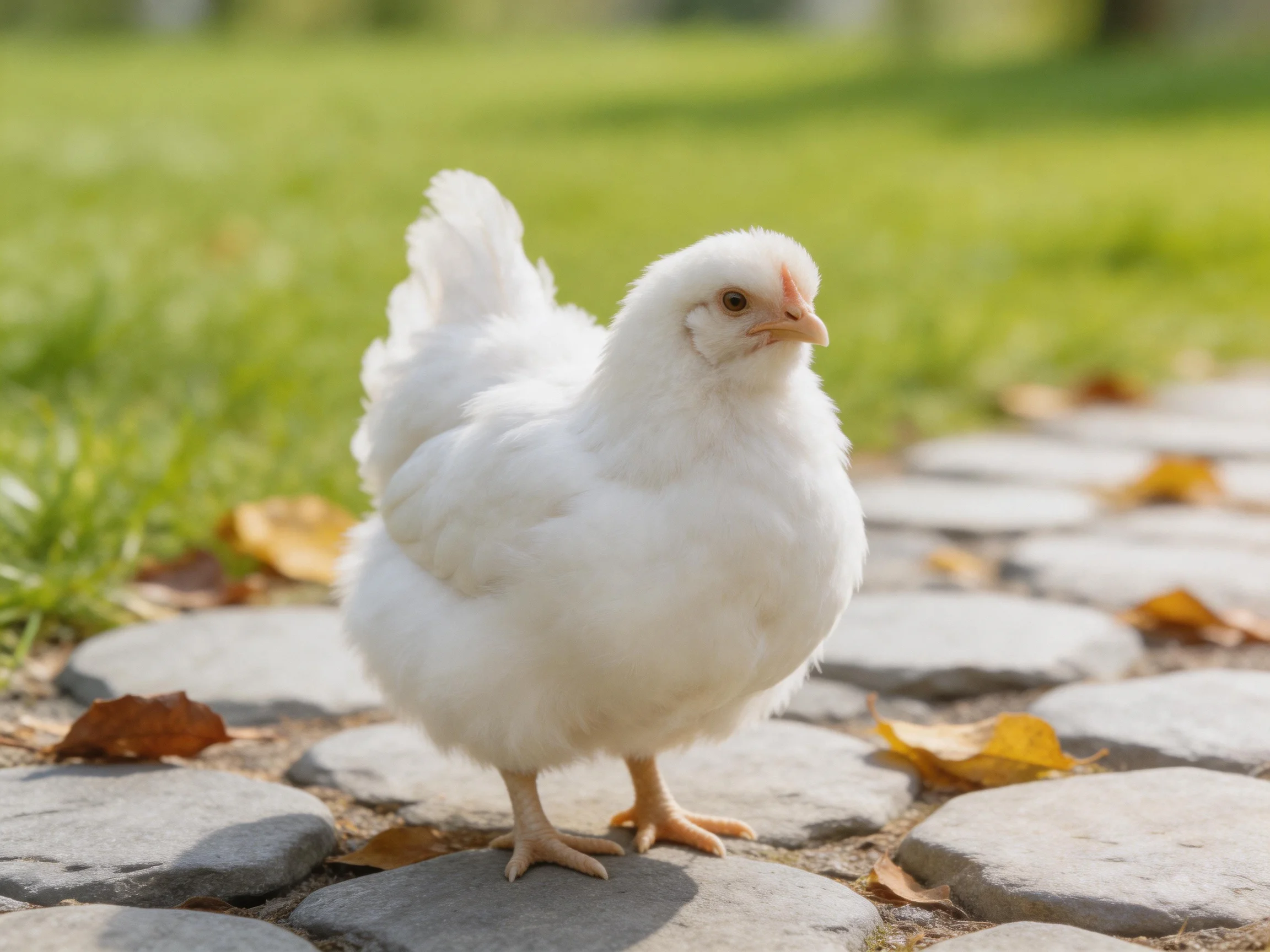 A fluffy white chick stands on a cobblestone path with scattered autumn leaves