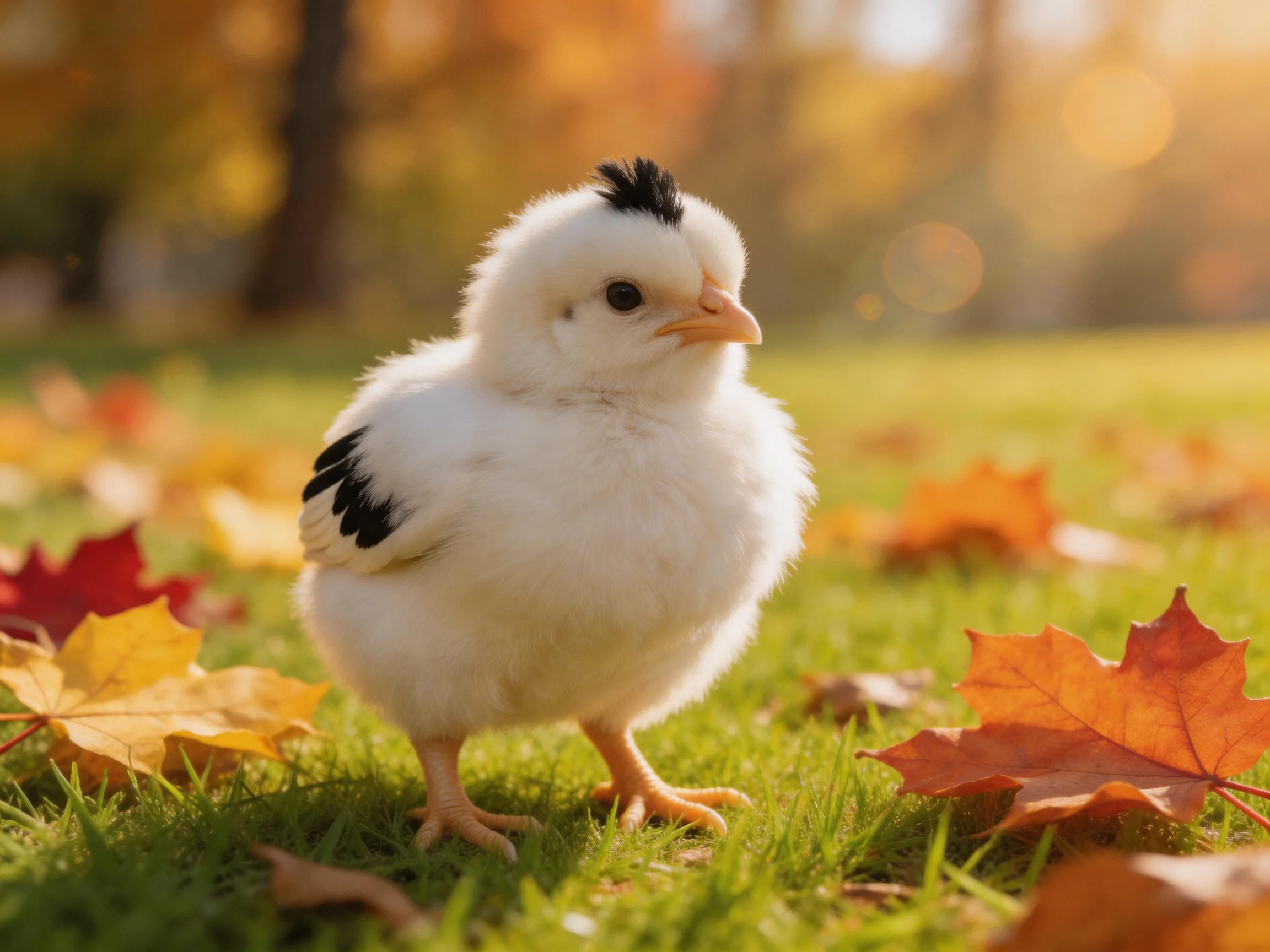 A fluffy white chick with black markings amid colorful autumn leaves on green grass
