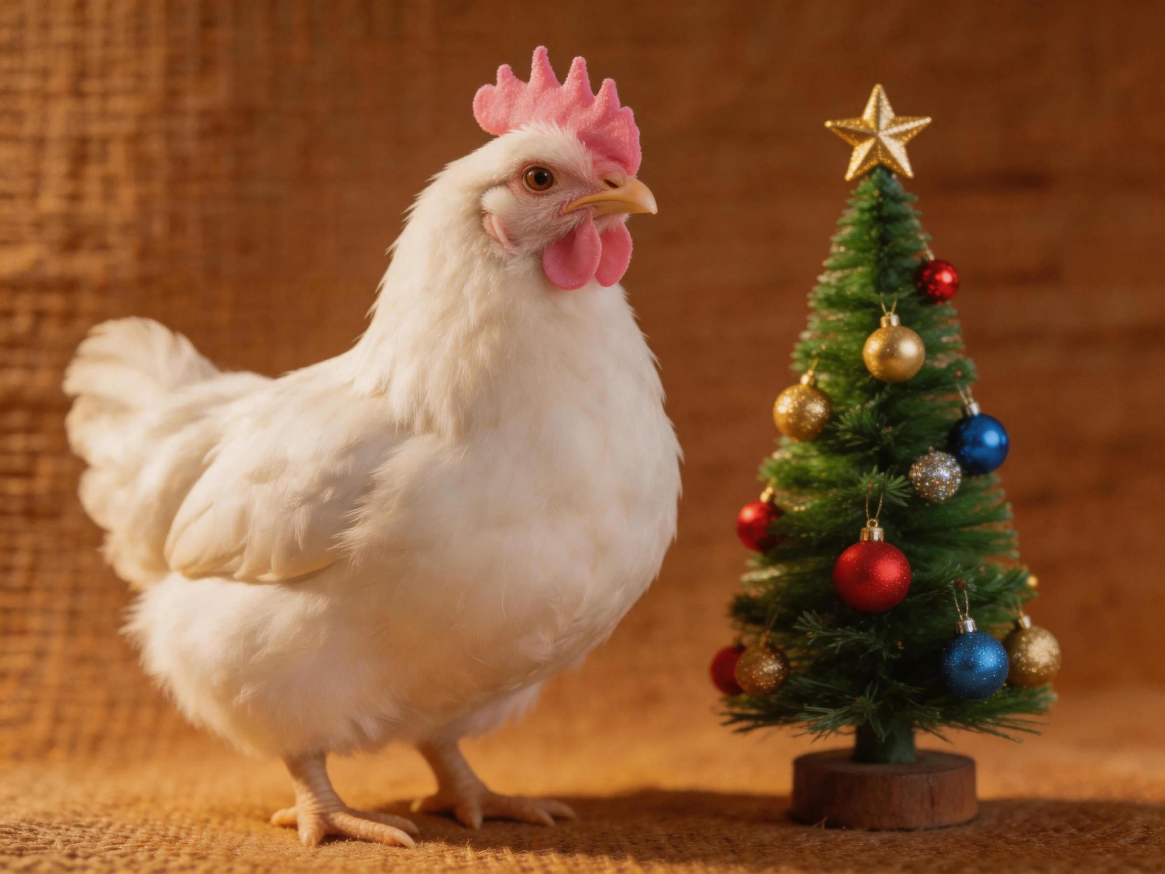 A fluffy white chicken beside a decorated miniature Christmas tree