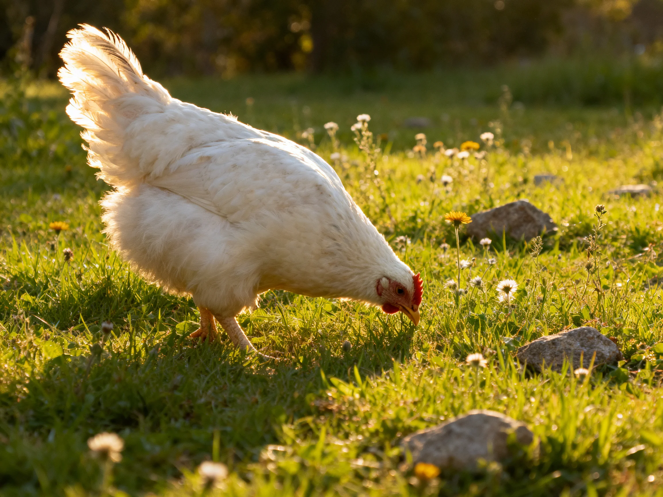 A fluffy white chicken forages in a sunlit meadow with wildflowers