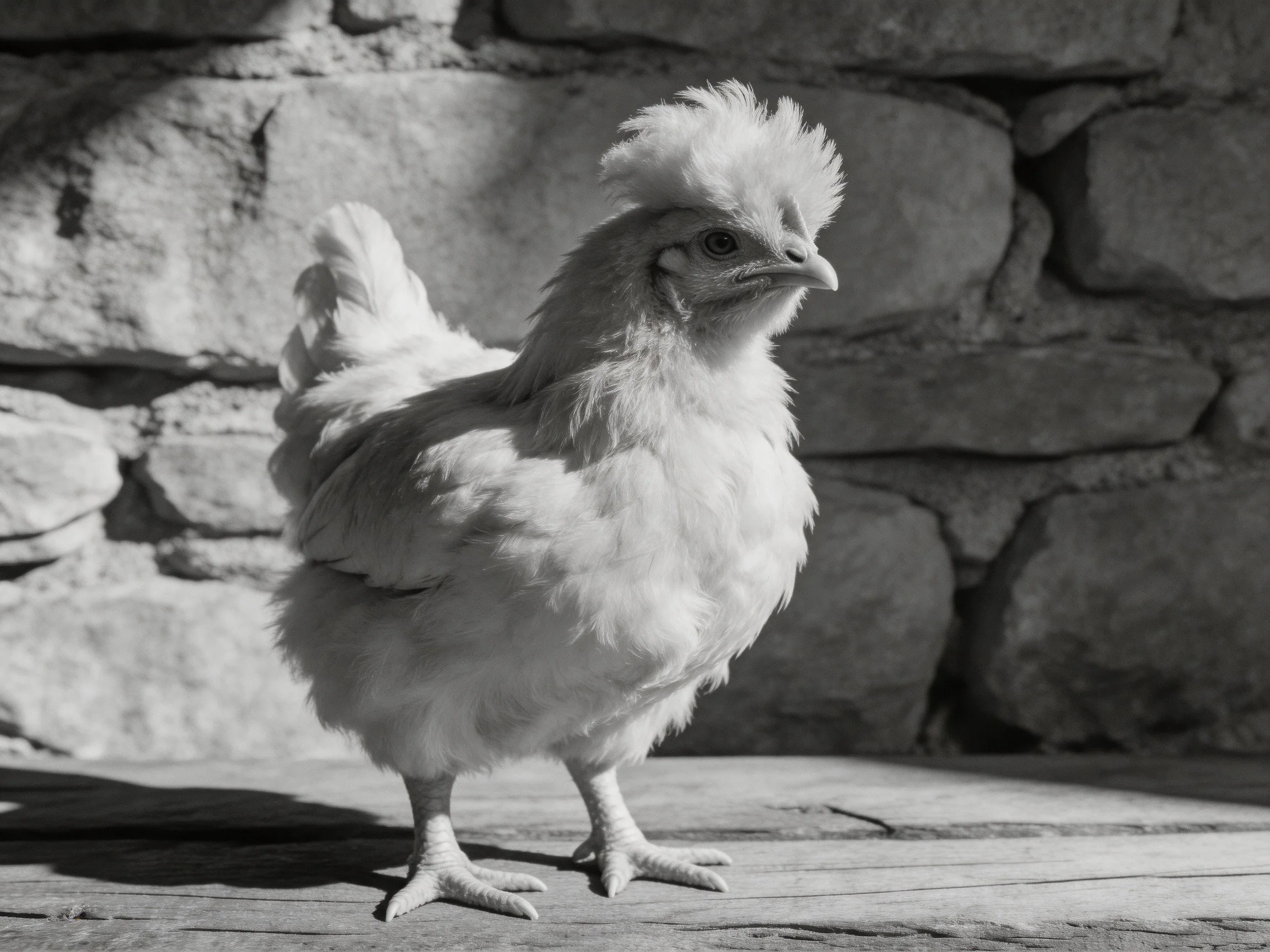 A fluffy white chicken stands beside a rugged stone wall
