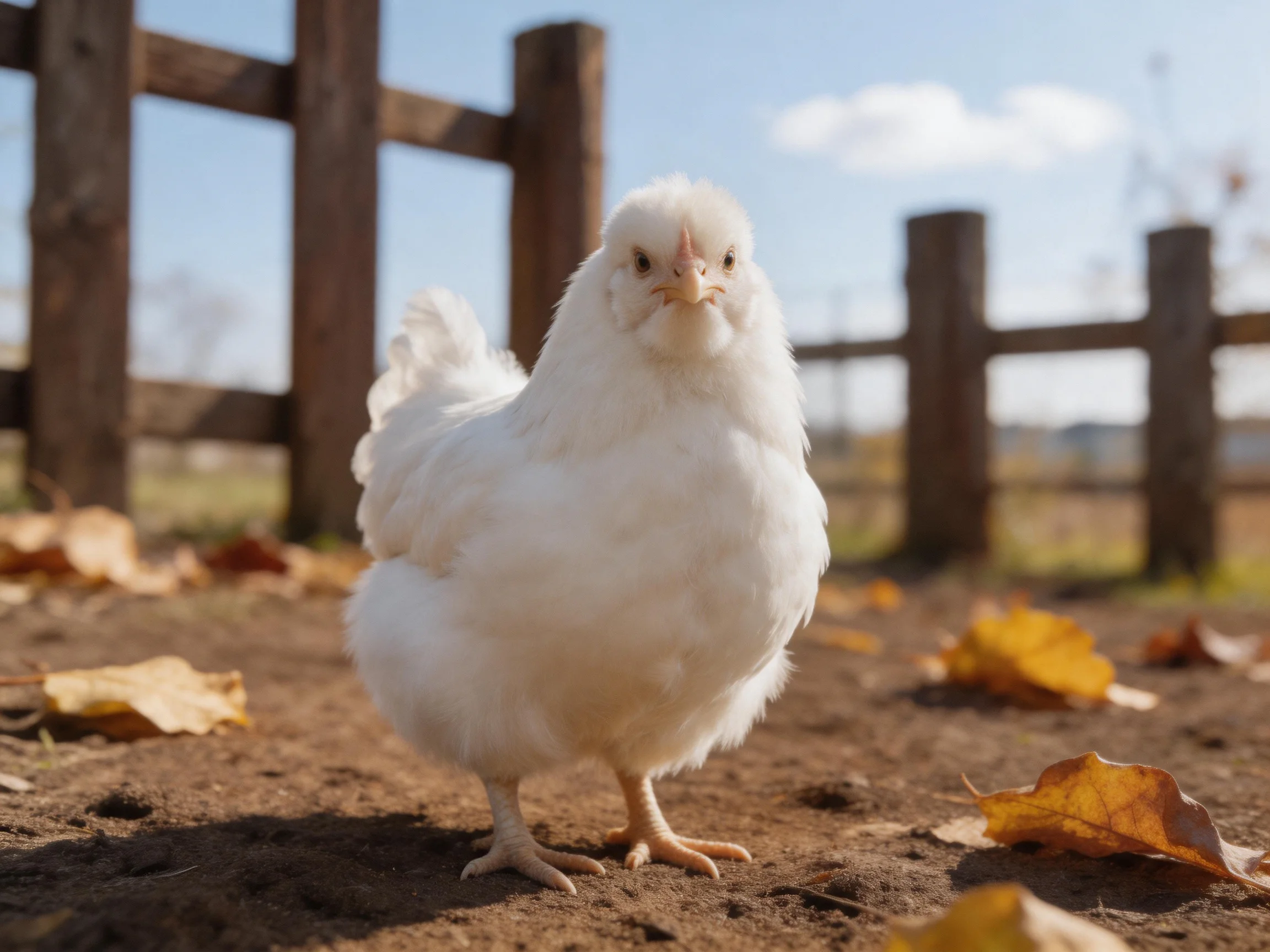 A fluffy white chicken stands near a wooden fence with autumn leaves