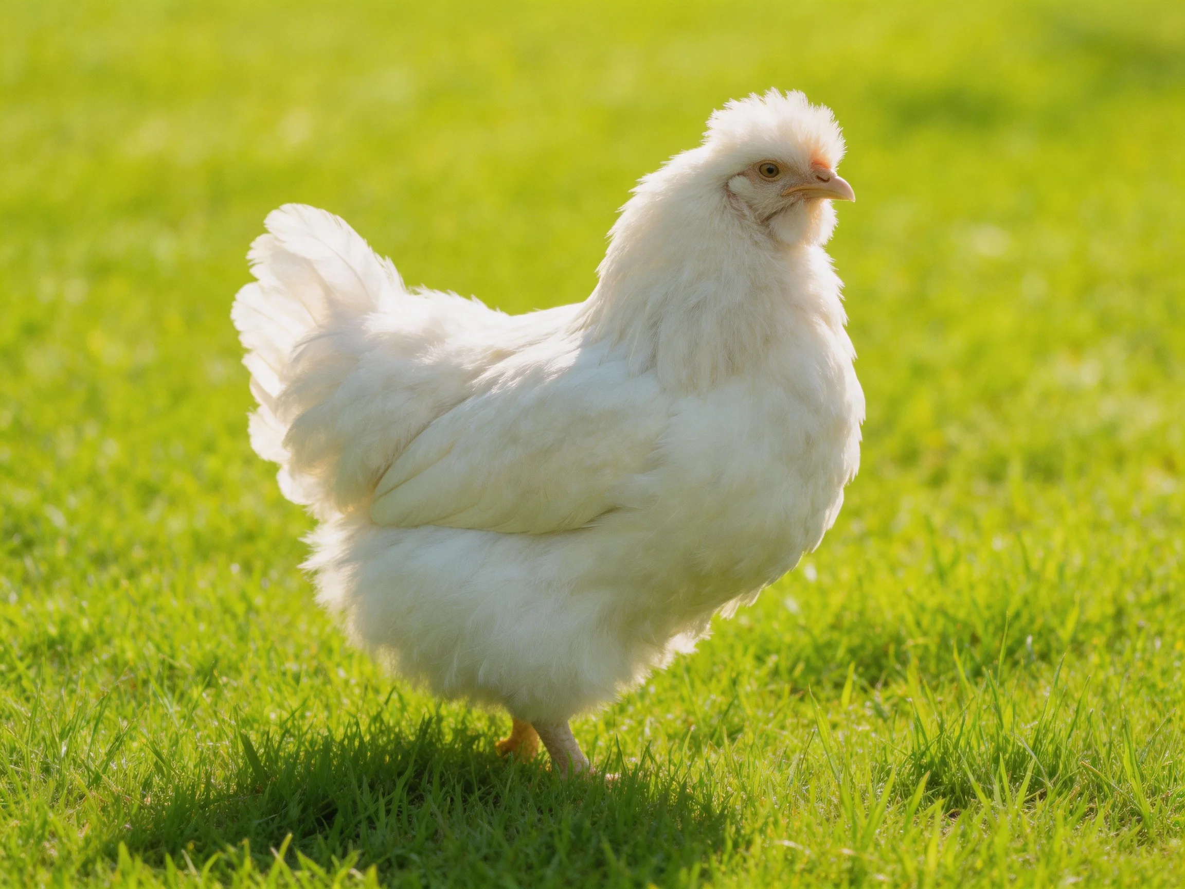 A fluffy white chicken stands on lush green grass
