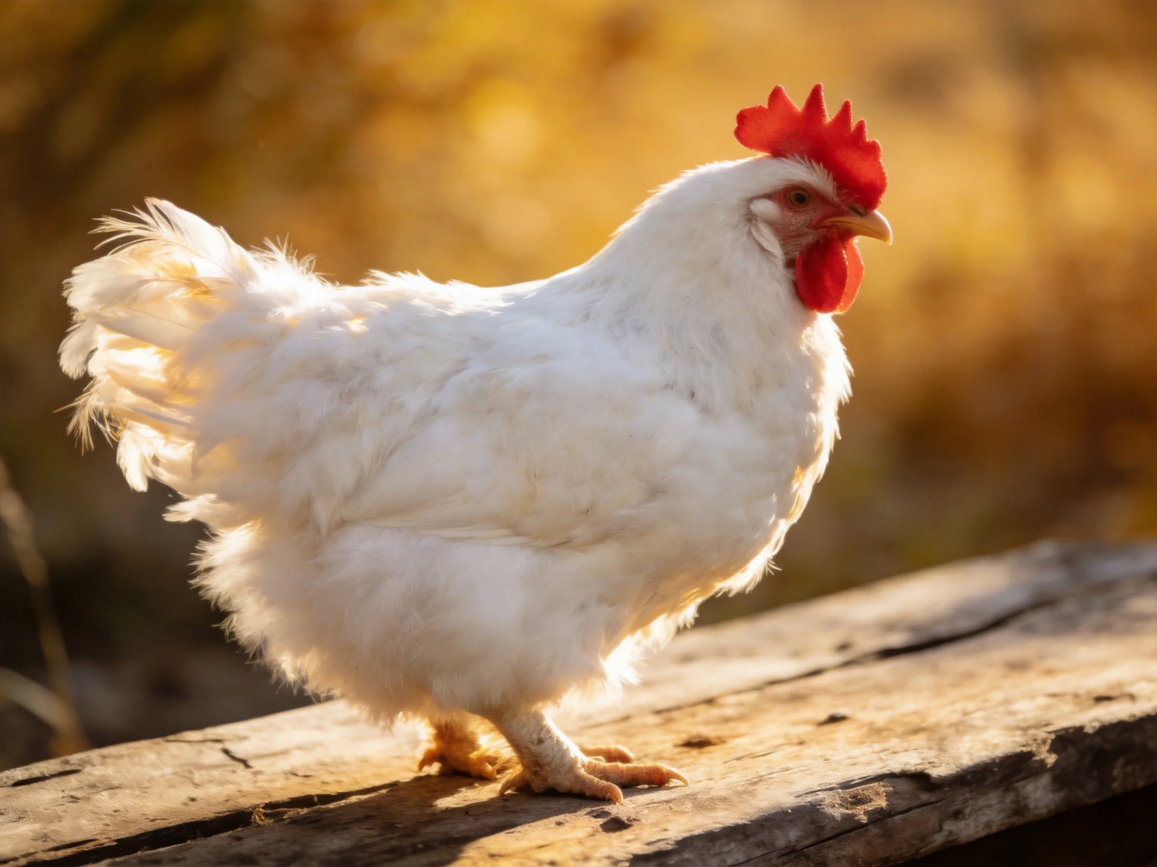 A fluffy white chicken with bright red comb perched on weathered wood