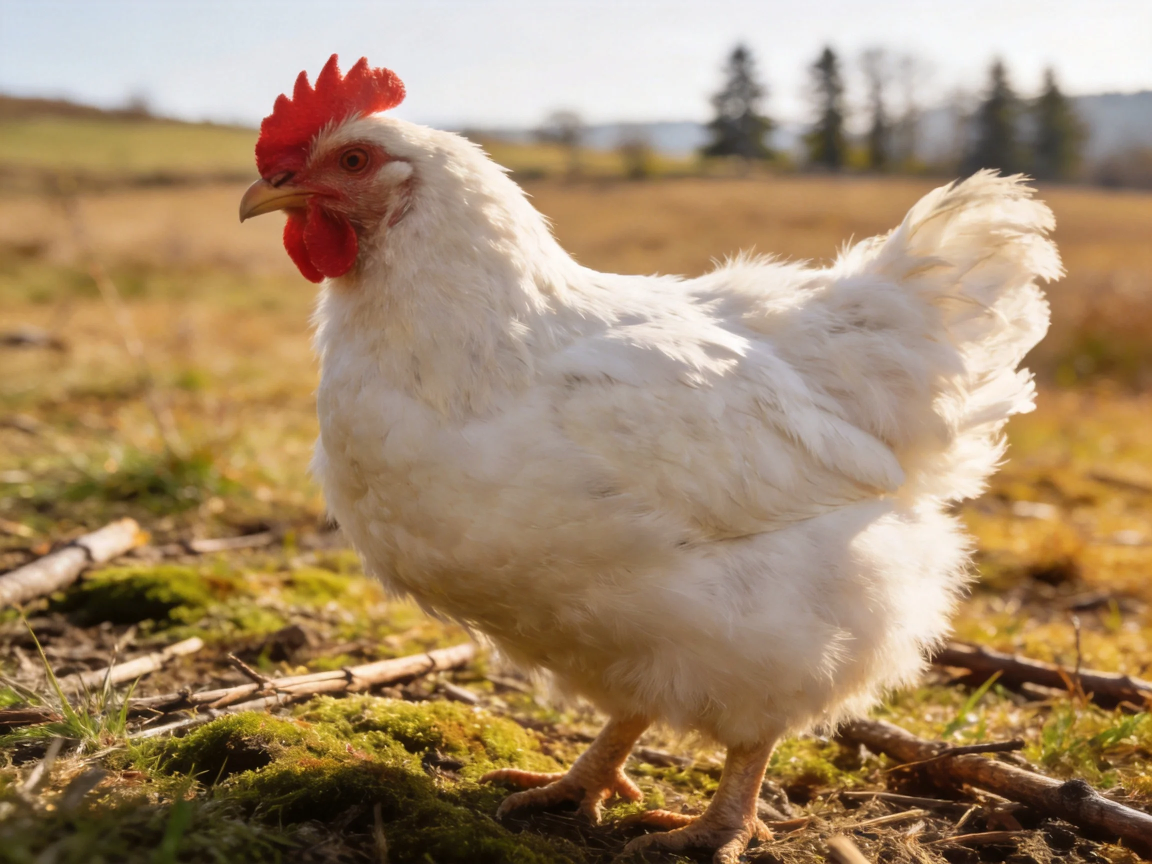 A fluffy white chicken with bright red comb standing on mossy ground