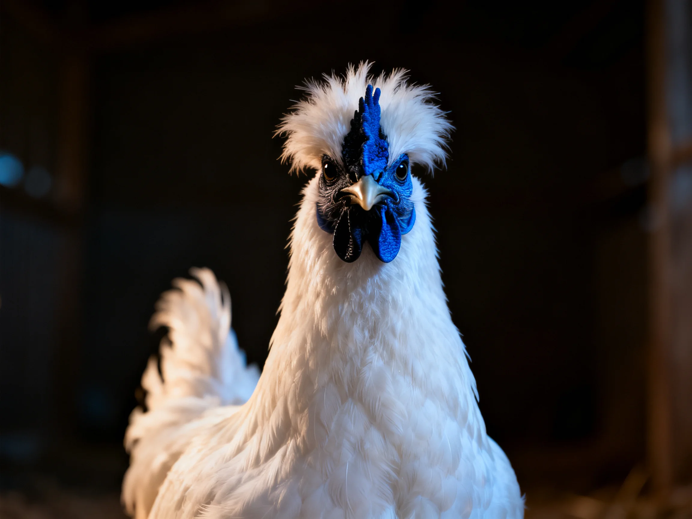 A fluffy white chicken with vivid blue and black facial plumage
