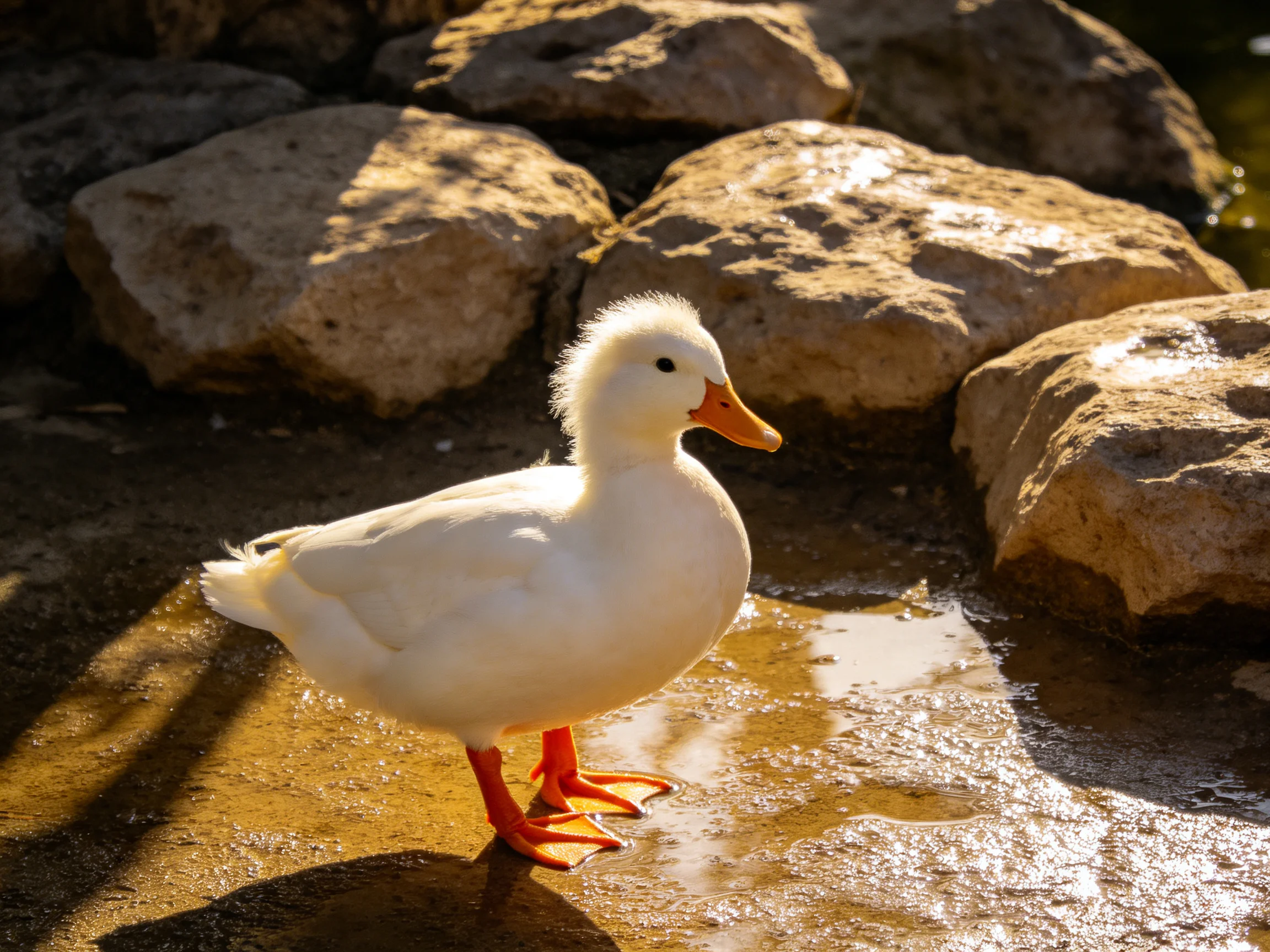 A fluffy white duckling with orange beak and feet near large brown rocks by water
