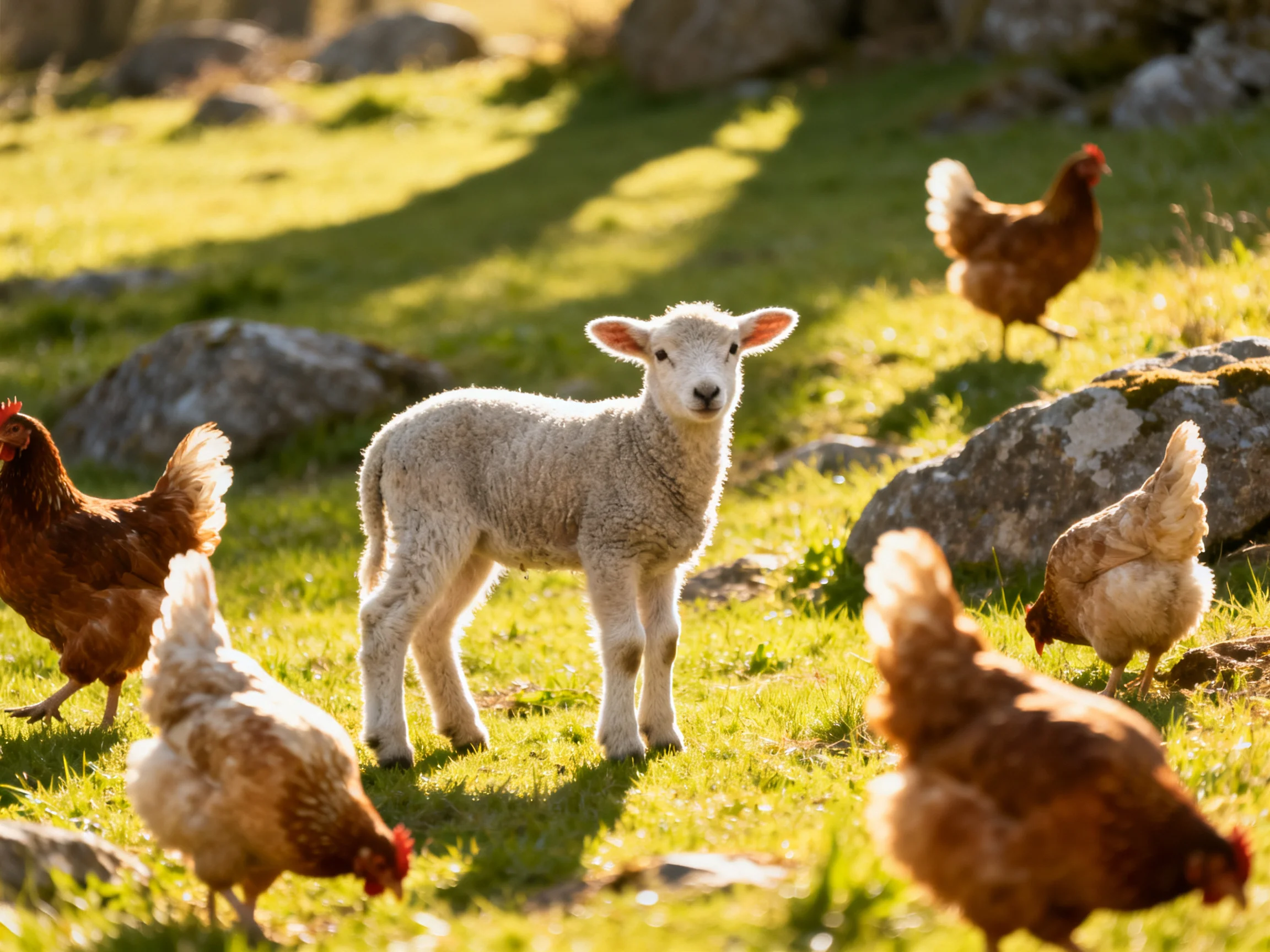 A young sheep stands amid chickens in a sunlit, rocky pasture.