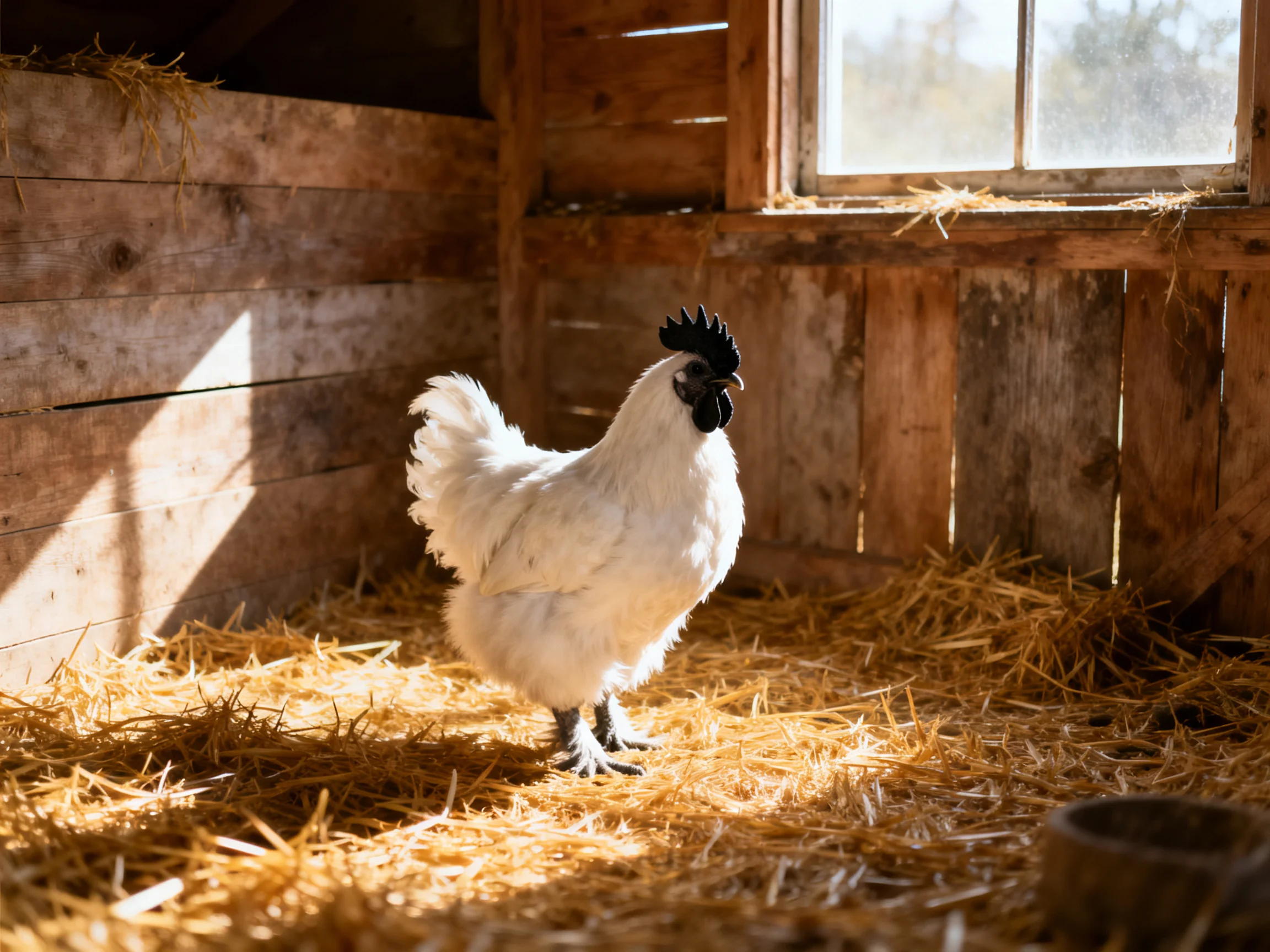 A white rooster stands in a sunlit wooden coop with straw bedding.