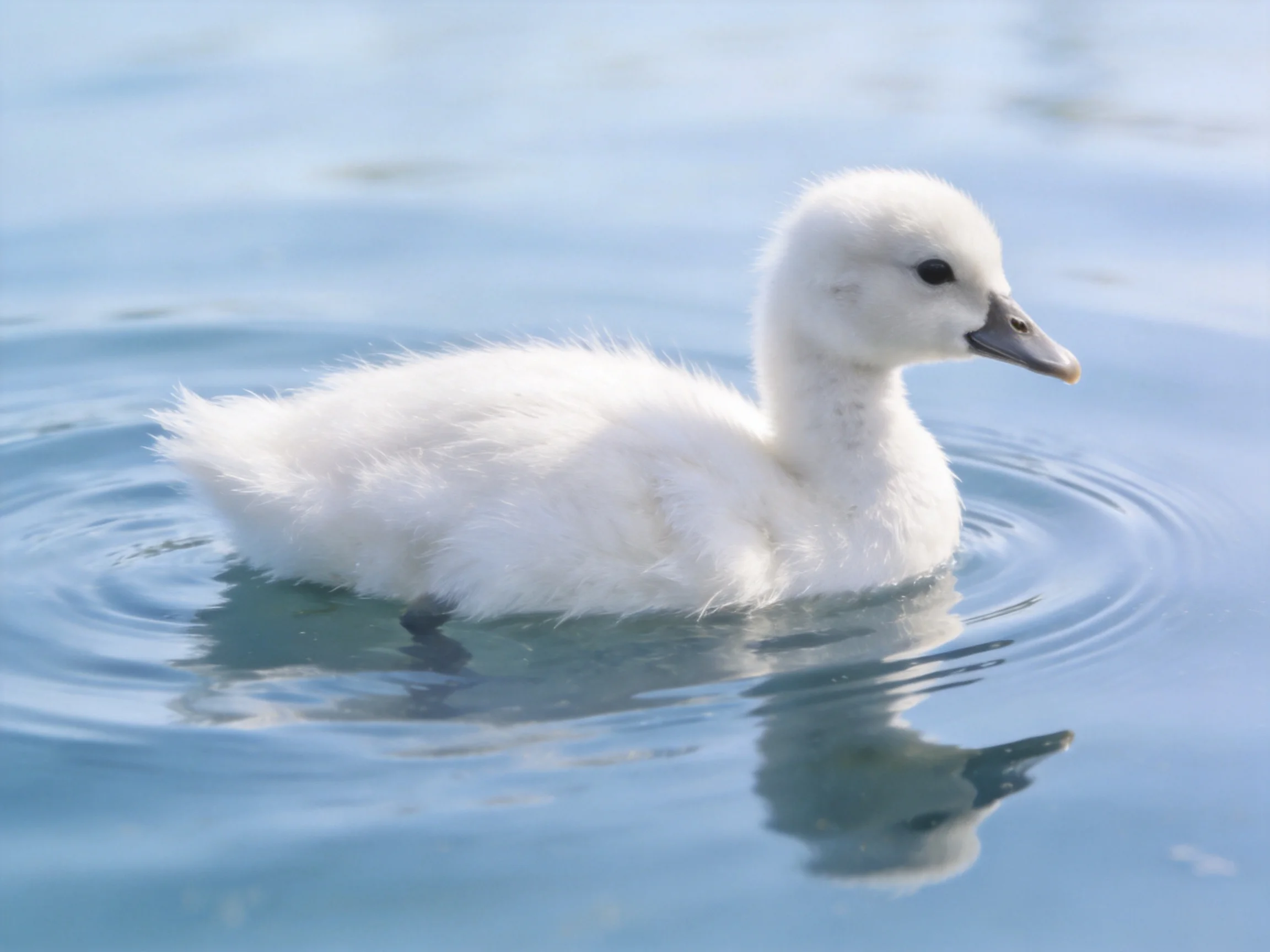 A fluffy white young swan swims in serene blue water