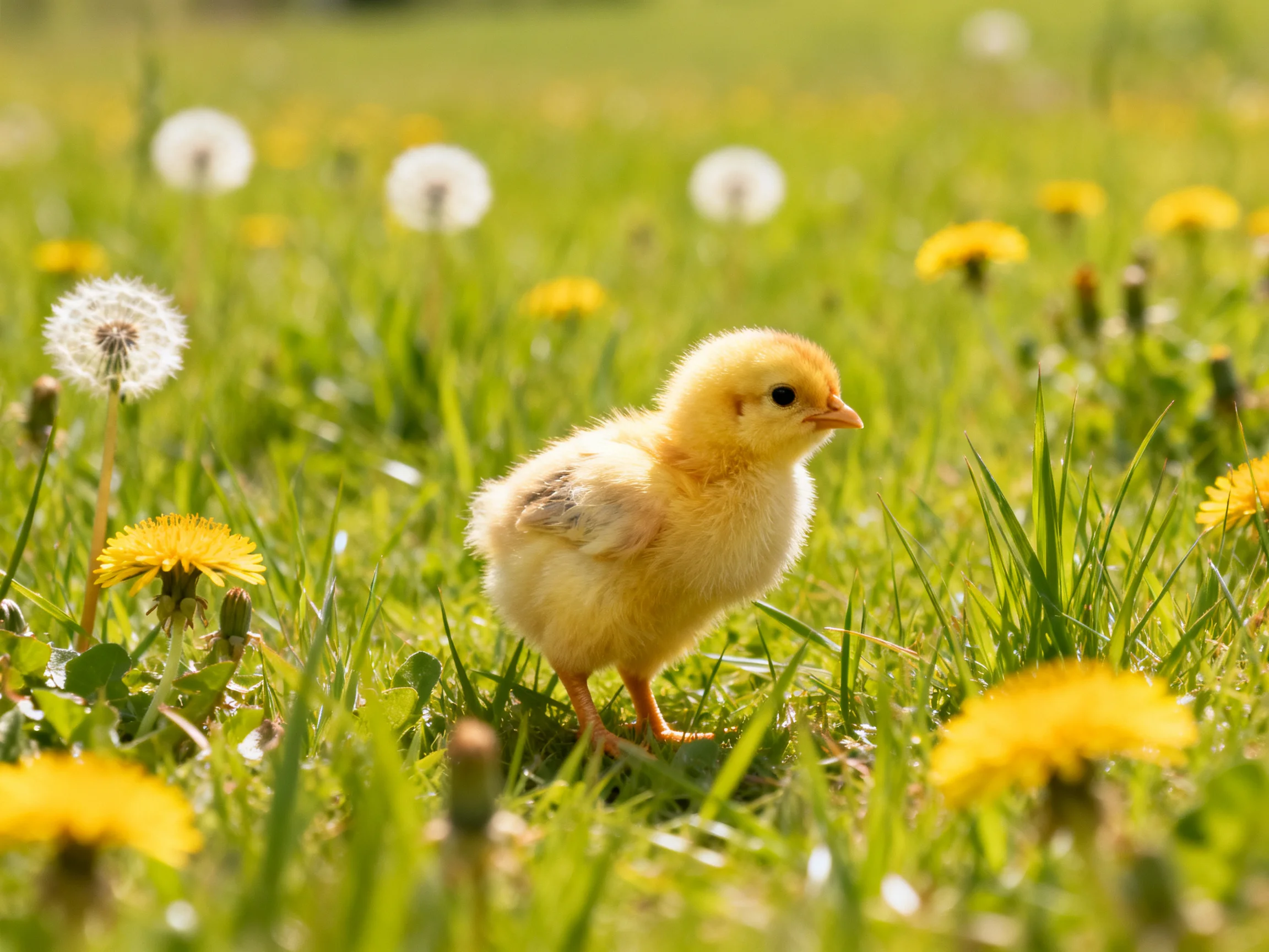 A fluffy yellow chick explores a sunny meadow with dandelions and tall grass