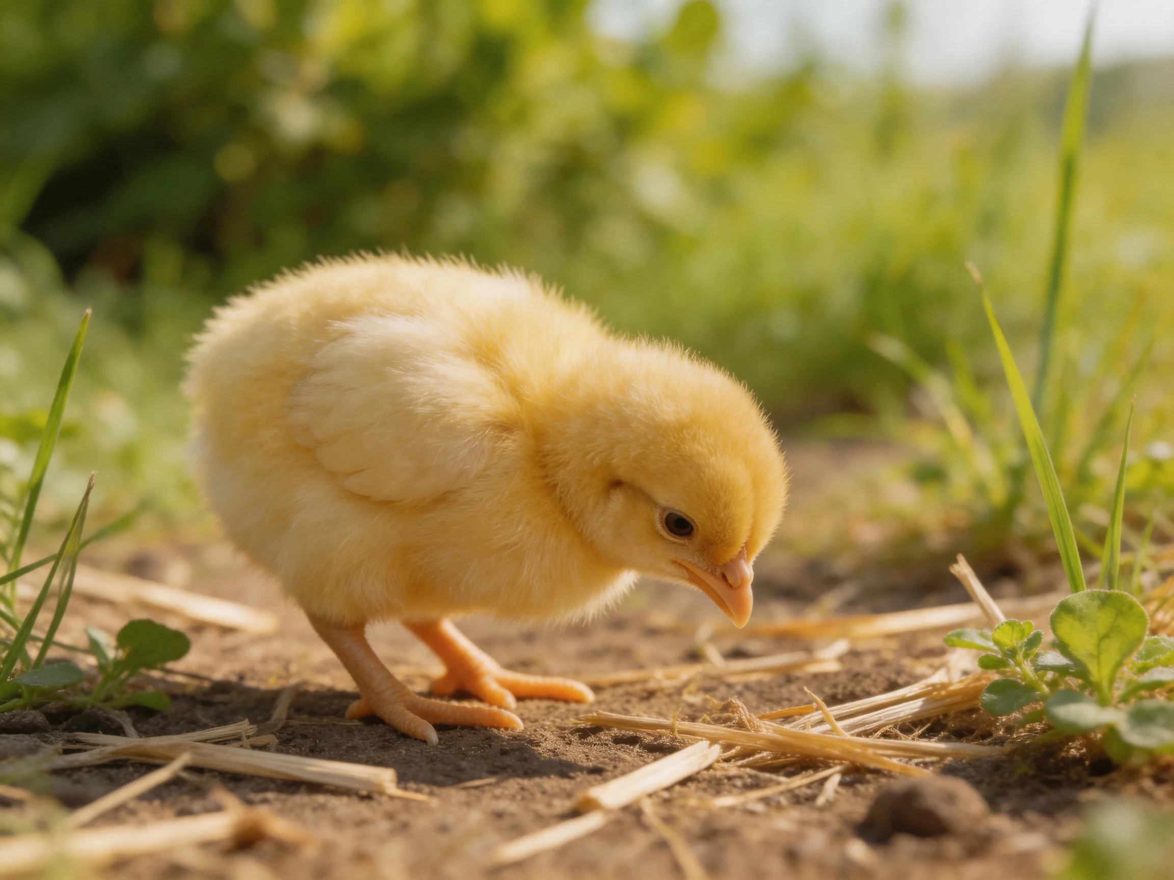 A fluffy yellow chick foraging in a sunlit farm environment
