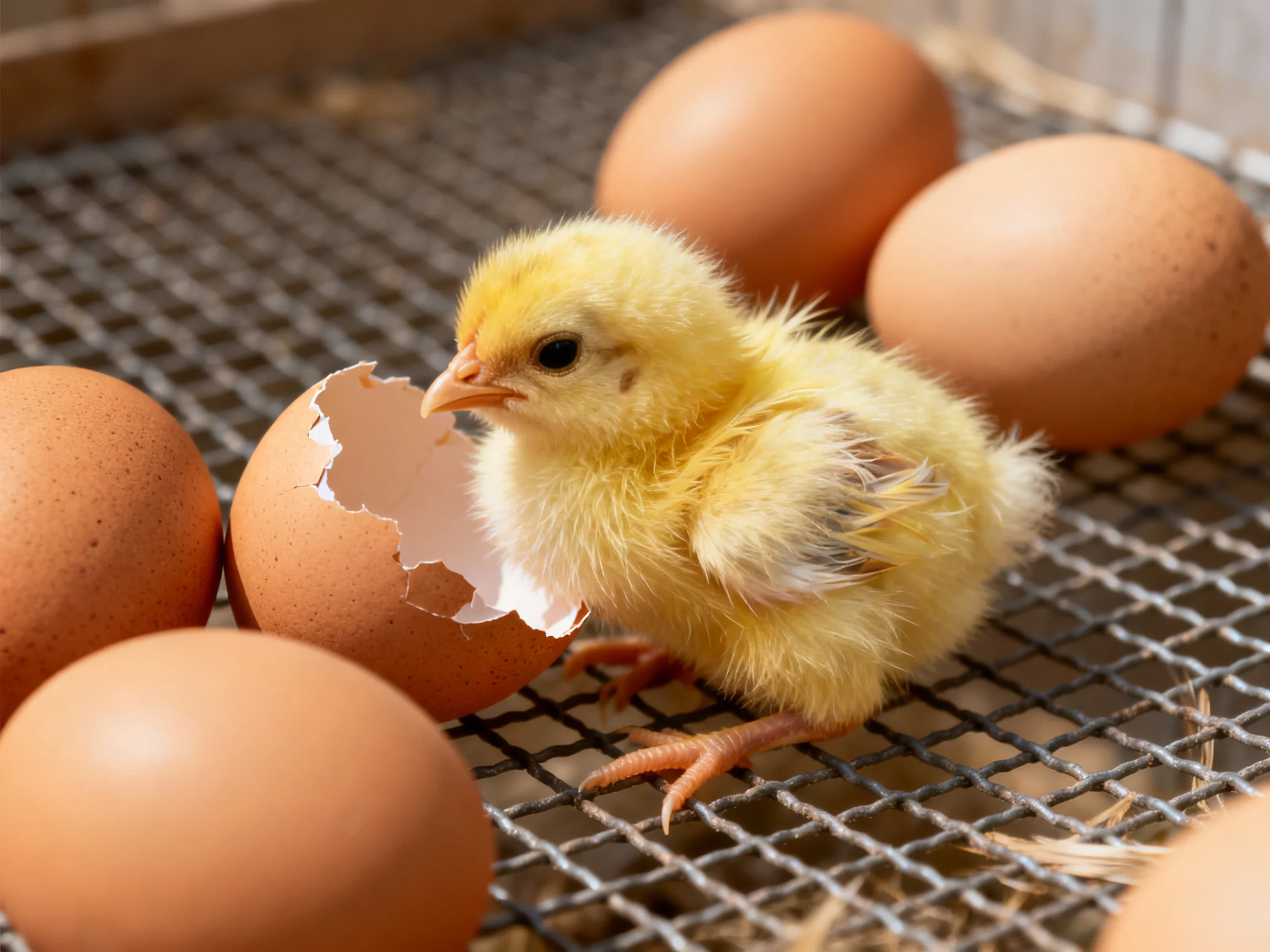 A fluffy yellow chick hatches beside cracked brown eggs on a wire mesh surface