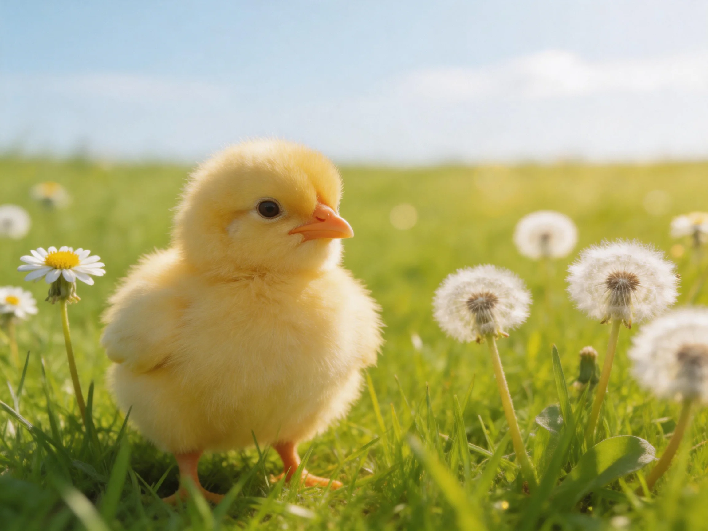 A fluffy yellow chick in a sunlit meadow with daisies and dandelions