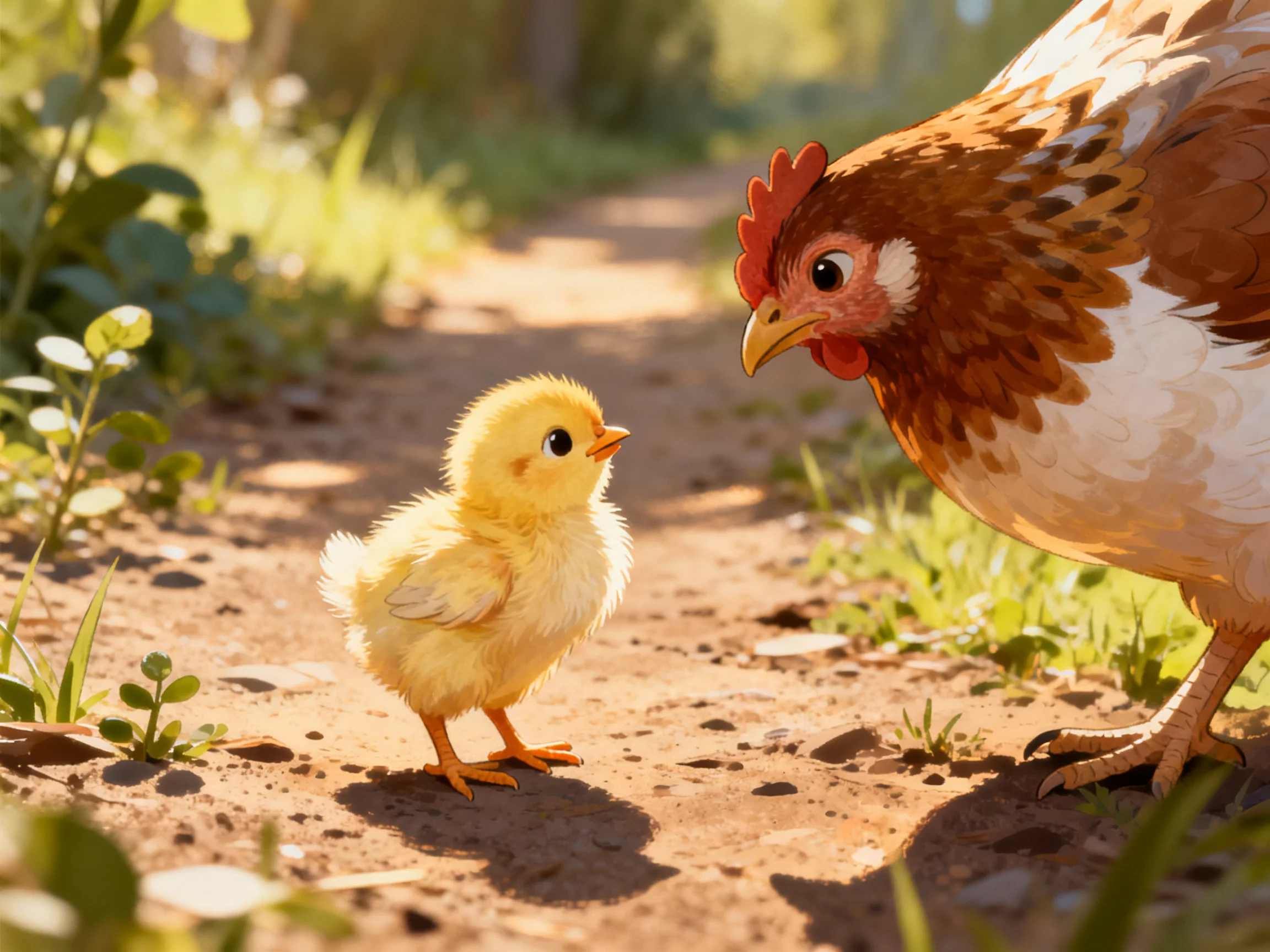 A fluffy yellow chick near a brown-spotted hen on a sunlit dirt path
