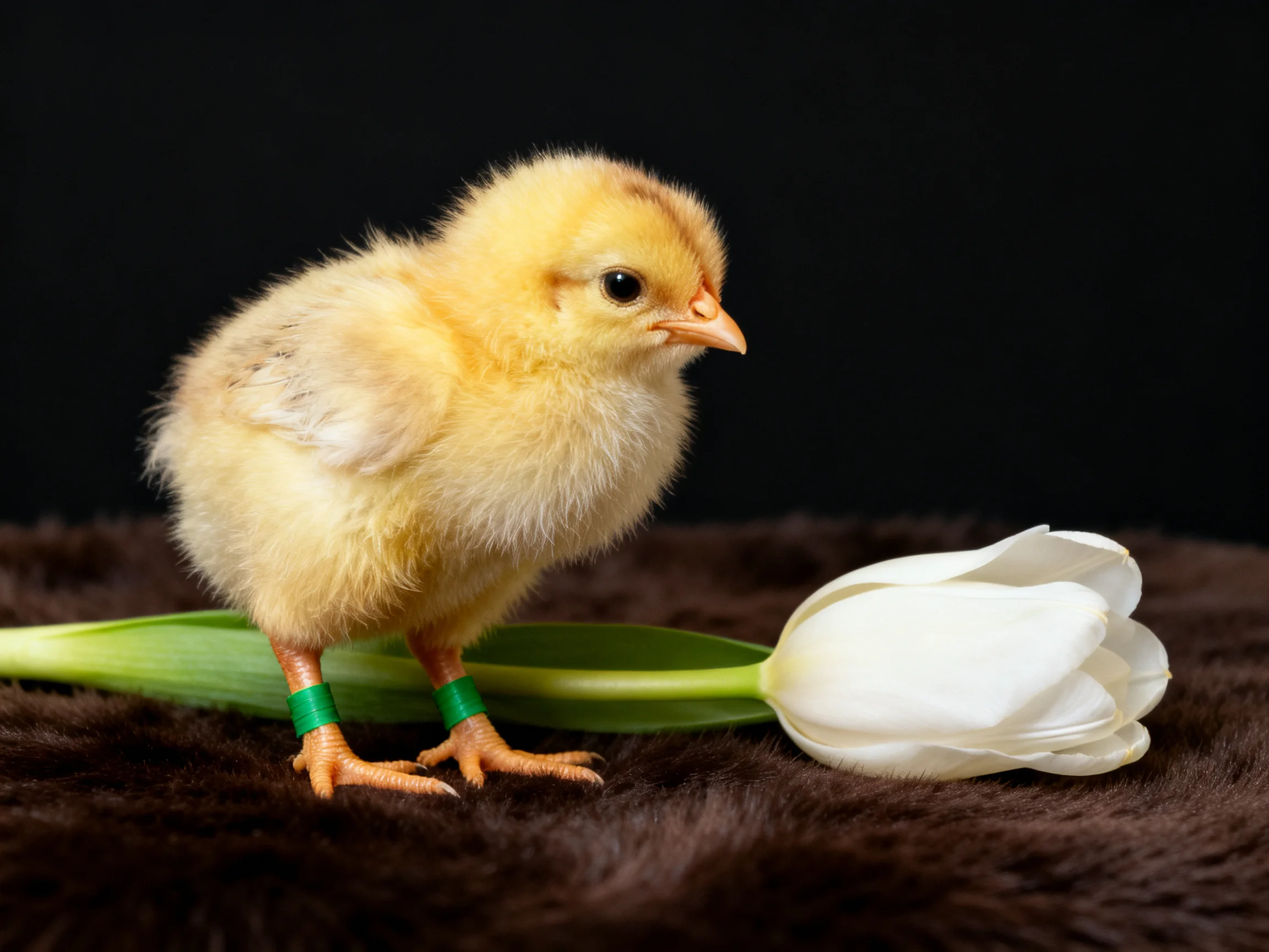 A fluffy yellow chick near a white tulip on dark brown fur